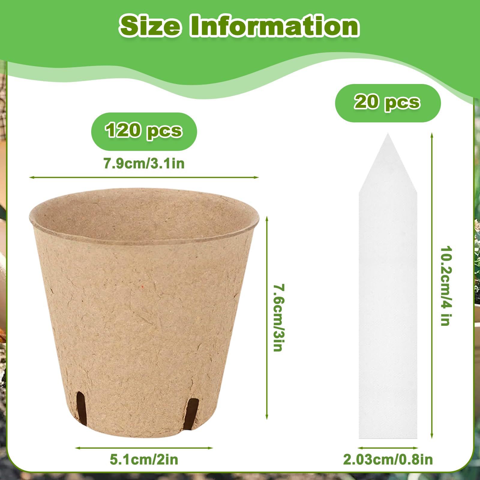 Piccoli vasi per piantine, 120 vasi per piante, contenitori compostabili rotondi da 3,1 pollici per piantine, germogli da giardino all'aperto (include 20 etichette per piante)