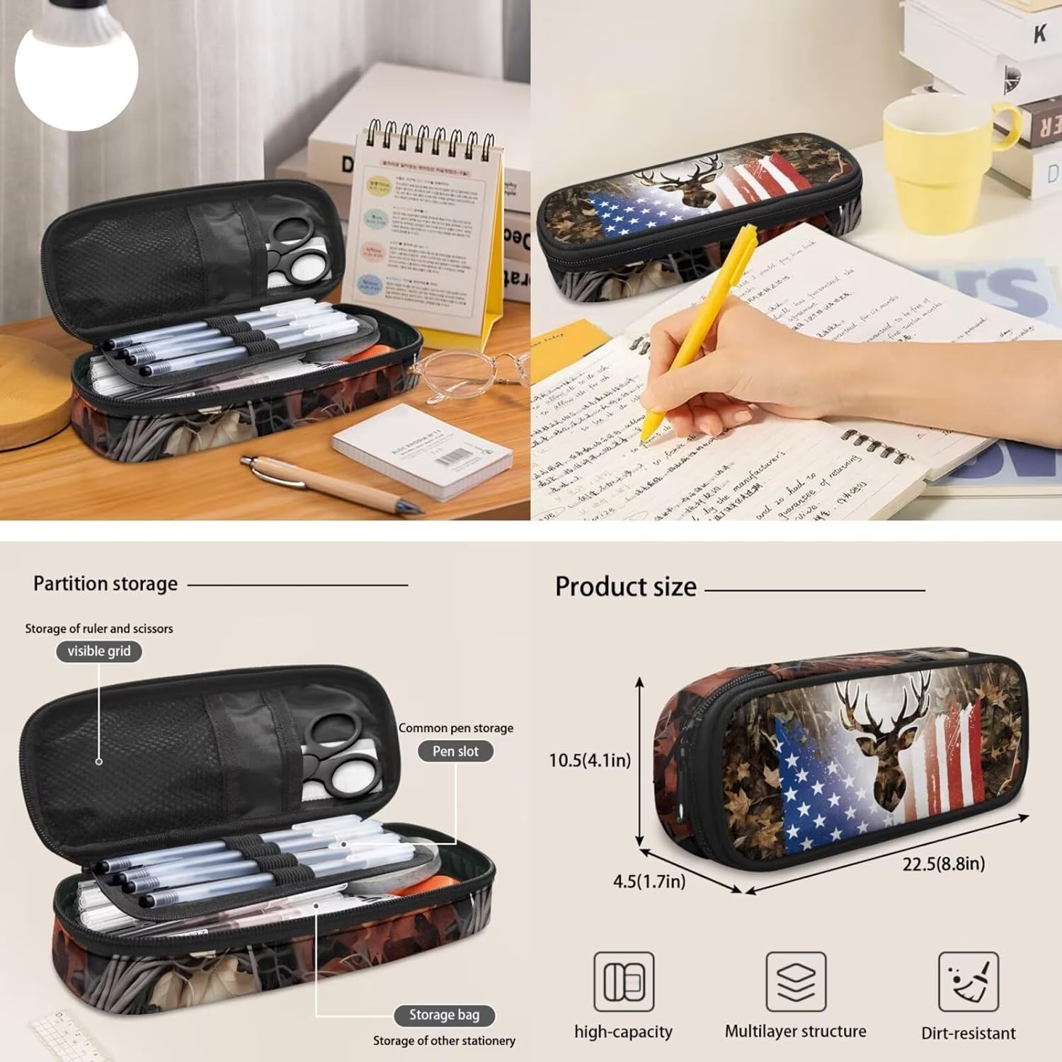 American Flag Deer Print School Backpack with Lunch Box Pencil Case 3 In 1 School Bag Book Bag for Kids Teen Boys Lager Capacity Student Bookbags Casual Shoulder Bags Daypack