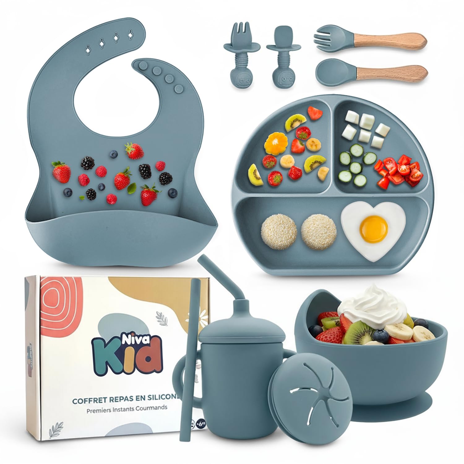 Nivakid Silicone Baby Feeding Set, Suction Plate & Bowl, Spoon and Cup