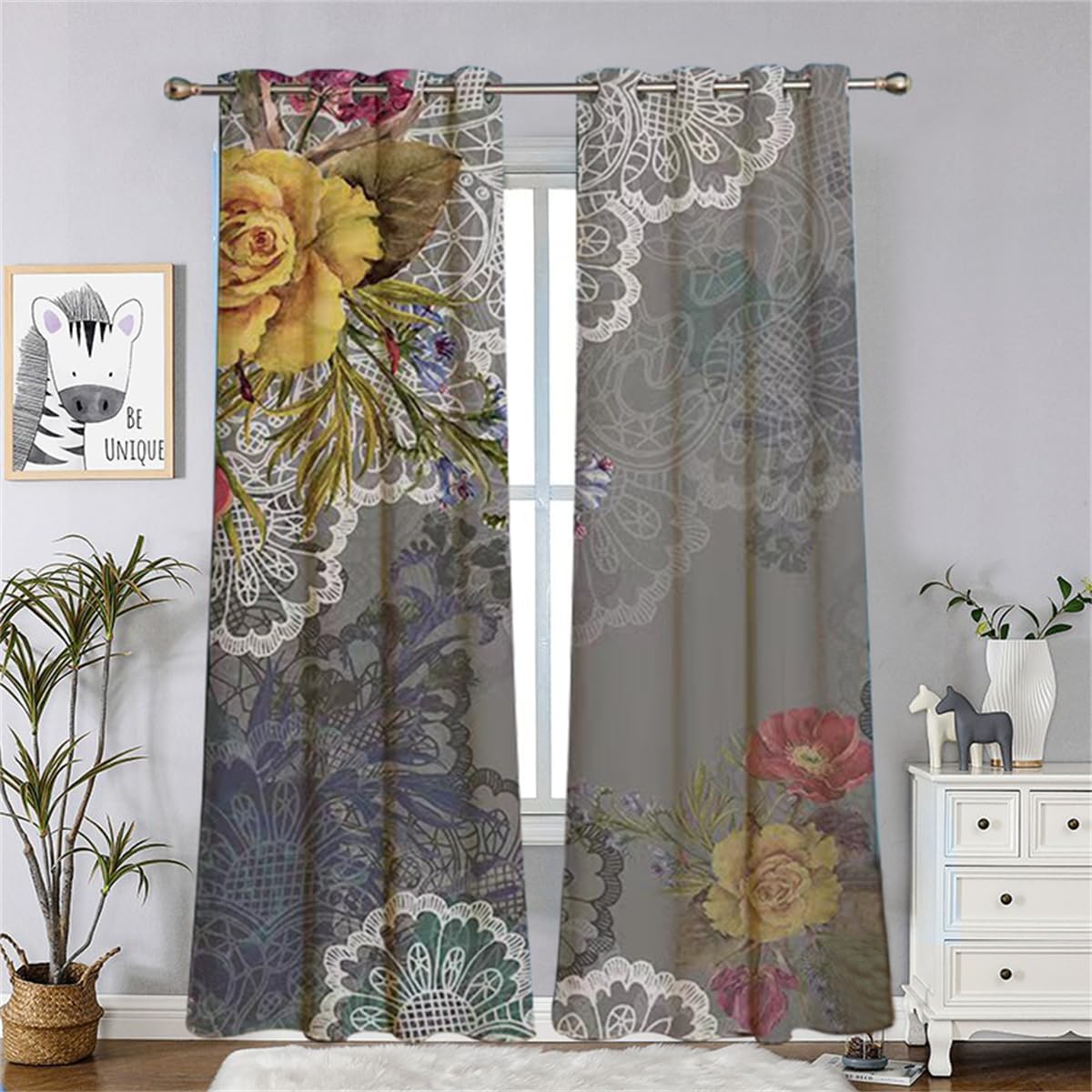Koudi Boho Floral Flower Blackout Curtains Grey Peony Vintage Window Curtain Drapes for Women Girls Bedroom Living Room Dining Room Darkening Curtains 2 Panels, 52x84 Inch