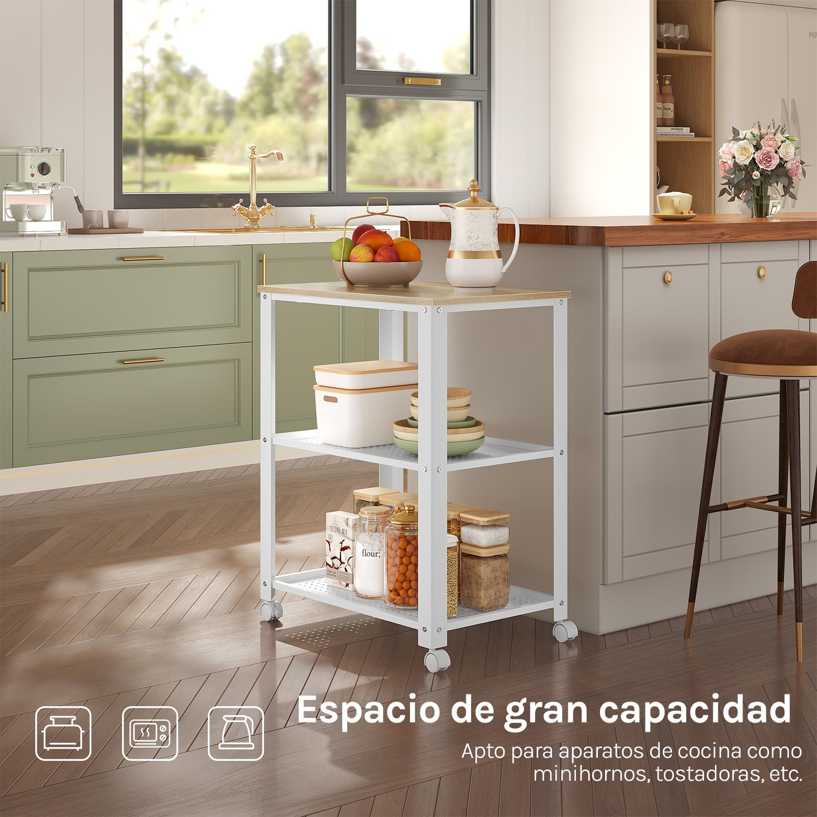 WOLTU Carro de Cocina de 3 Niveles, Estanteria con Ruedas, Carrito Auxiliar con Estantes Metálicas, para Cocina, Salón y Baño, 60x40x76 cm (Blanco+Roble Claro)