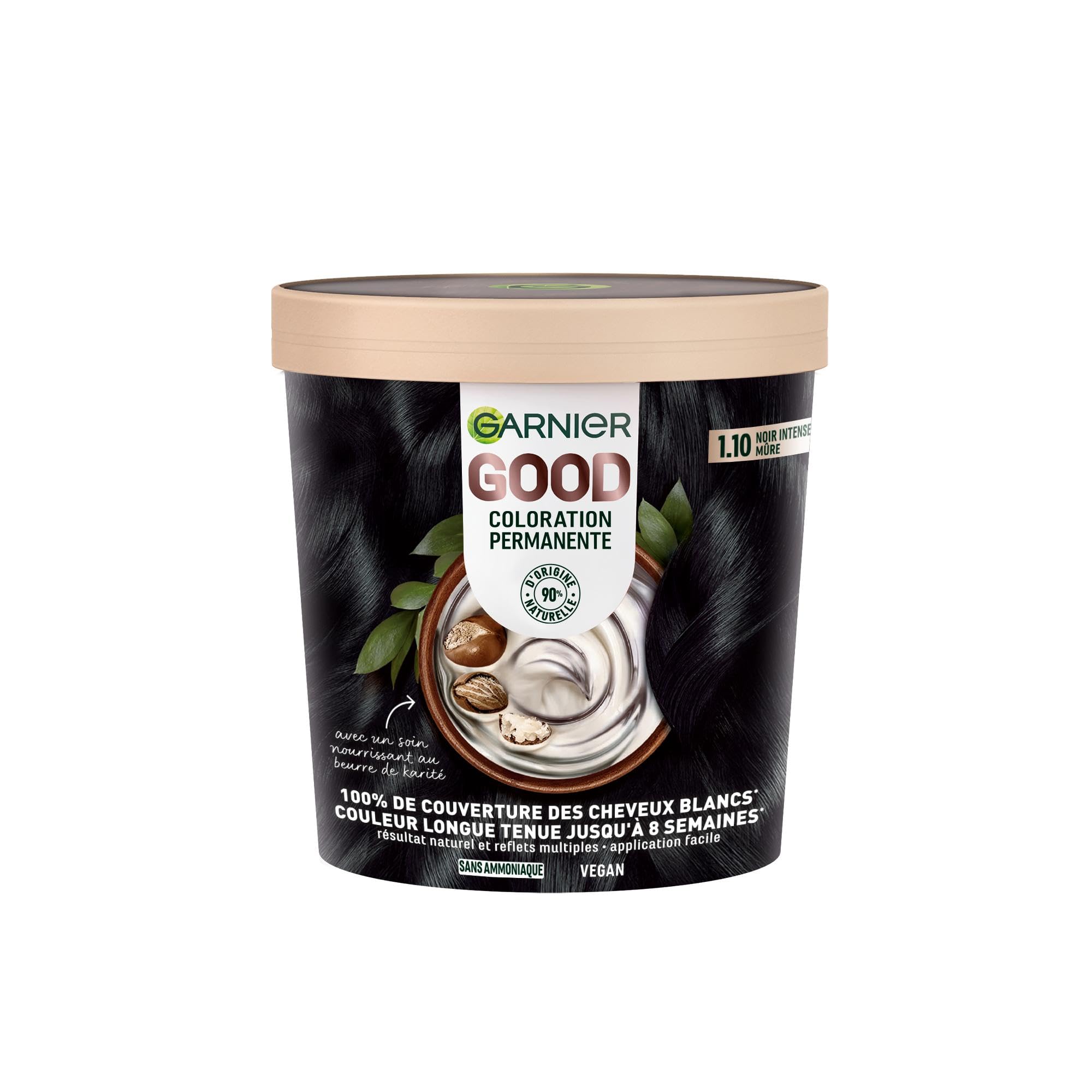 Garnier - Permanente Haarfarbe – ohne Ammoniak – 90% Inhaltsstoffe aus natürlichen Ursprungs und vegane Formel – Sheabutter – 100% Abdeckung für weißes Haar – Intensives Schwarz Brombeere (1,10