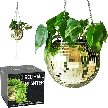 SCANDINORDICA Disco Ball Planter Disco Ball Plant Hanger, Mirror Disco Planter with Chain, Macrame Hanger, Acrylic Stand and Insert Pot, Hanging Planter | Disco Ball Decor 20 cm 8 Gold