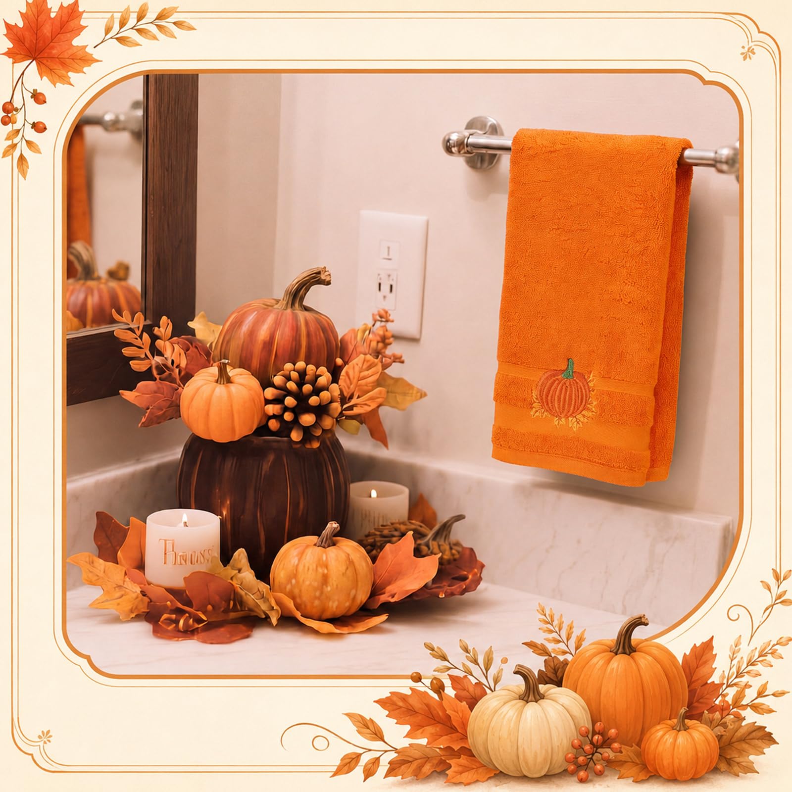 Frienda Duschvorhang-Set mit Teppichen und Handtüchern, Herbstblätter, Badezimmer-Duschvorhang mit Haken, rutschfest, saugfähig, Mikrofaser, Kürbis-Badetücher für Herbst, Badezimmer, Dekoration