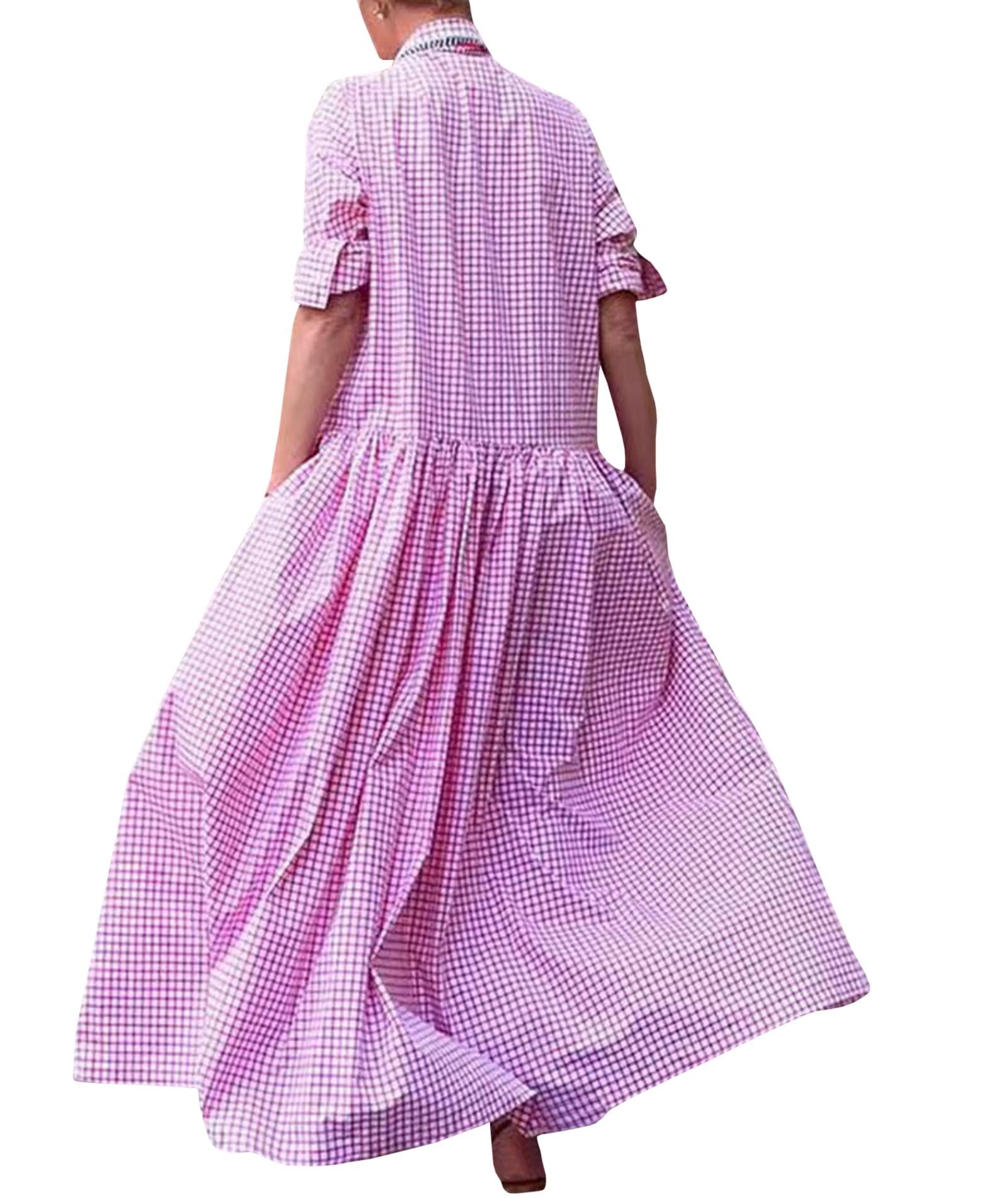 SOMTHRON Maxi abito da donna a maniche lunghe, plissettato, a quadretti, stile retrò, con bottoni