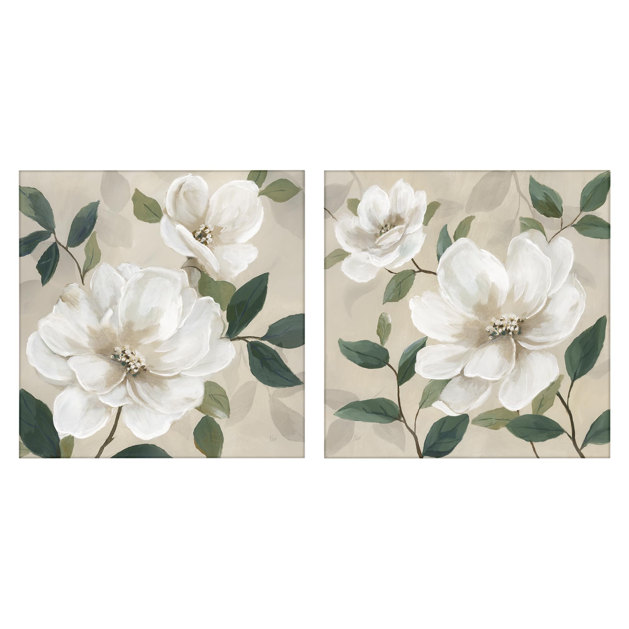 Stupell Industries 'Serene White Blossoms & Foliage', 2pc Canvas Art Set 2, 24 x 24 Inches, Easy to Hang and Sturdy, Made in USA, by Nan