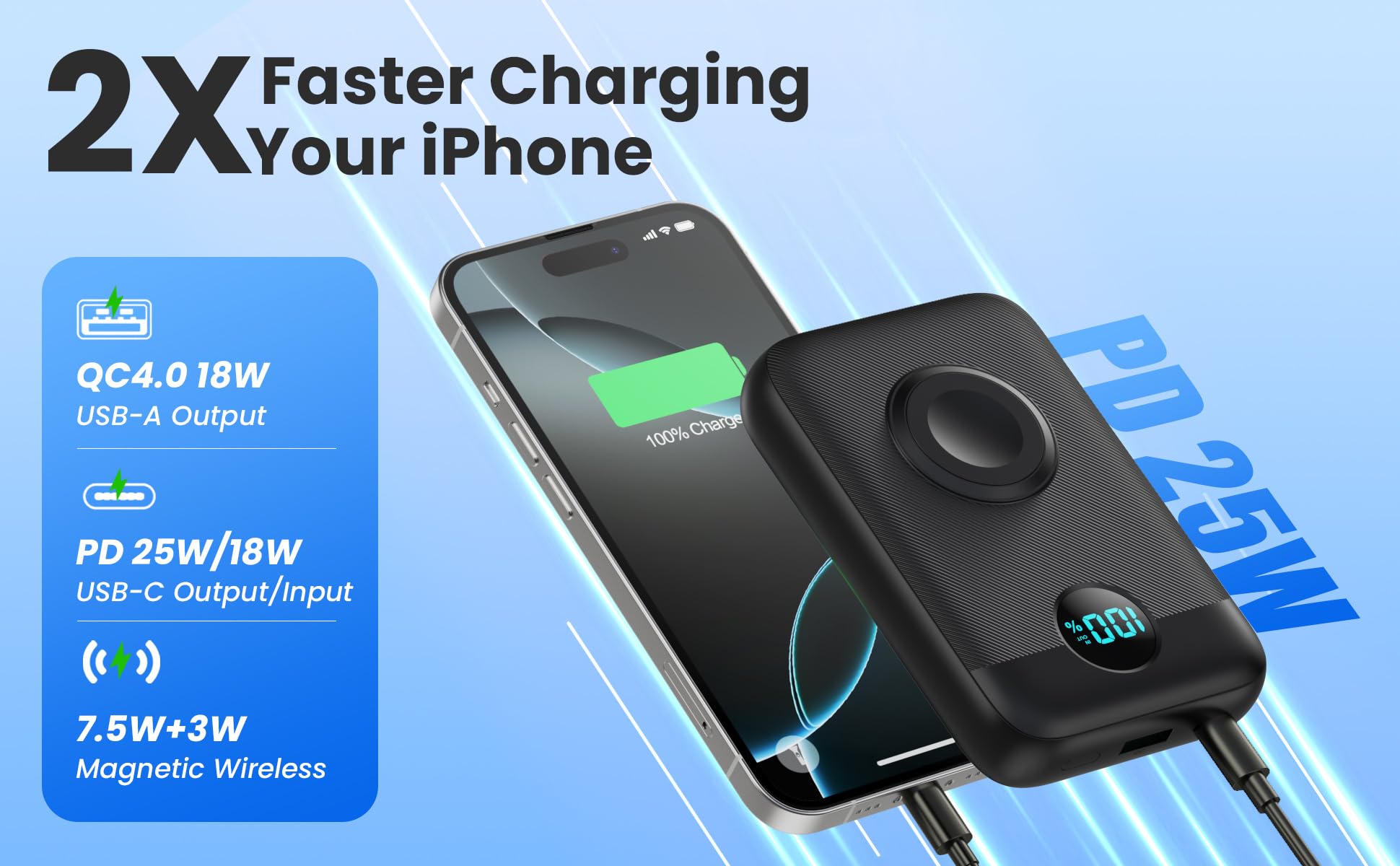 Cargador magnético portátil para iPhone y Apple Watch, 10800 mAh, 25 W, PD QC4.0, carga rápida, USB C, batería de viaje con imán de doble cara, 4 salidas para iPhone 17/Air/16/15/14/13/12 Series