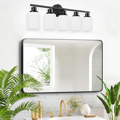 Miniatura 5 de Lámparas de baño de 5 luces, base E26, luces de tocador para espejo con pantalla de vidrio blanco lechoso texturizado, lámparas modernas de cocina,