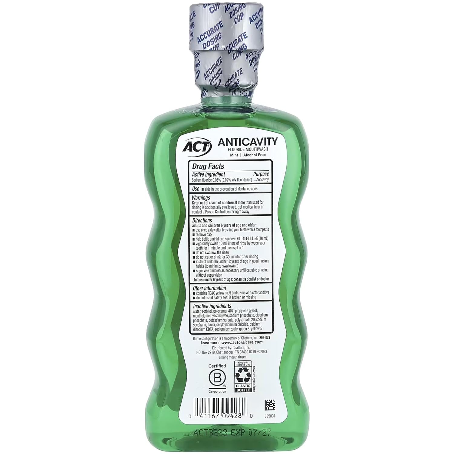 ACT Anticavity Zero Alcohol Fluoride Mouthwash 18 fl. oz. (Pack of 4) With Accurate Dosing Cup, Mint