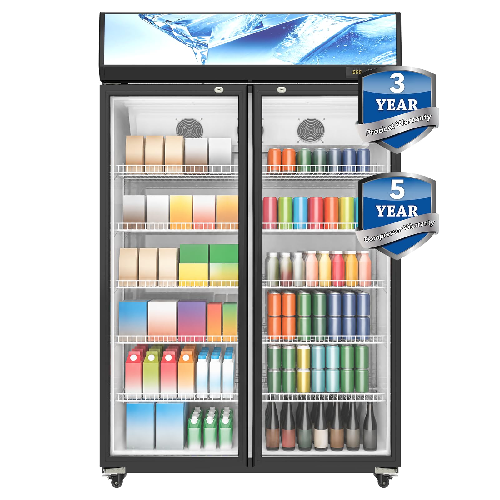 42 Cuft ETL &amp; DOE Certified Commercial Merchandiser Refrigerators 2 Doors,Upright Business Display Retail Fridge Cooler with Adjustable Shelves,Built-in LED,Lightbox,Lockable Double Doors