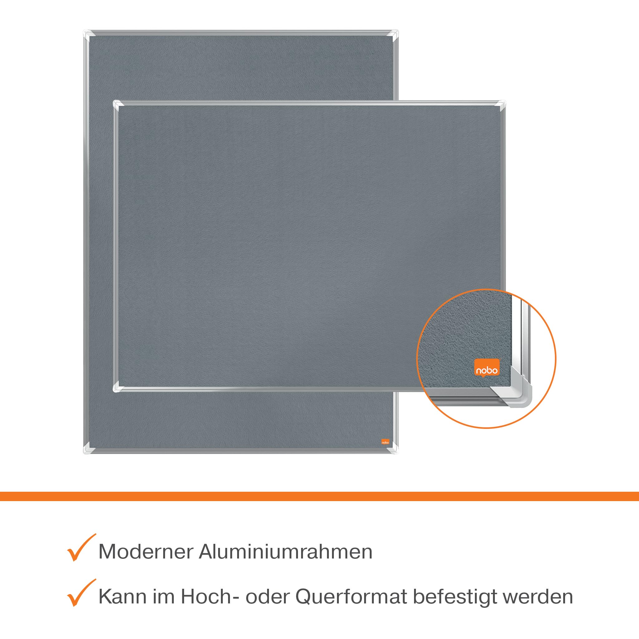 Nobo Filz-Notiztafel, 90 x 120 cm, Aluminiumrahmen, Traditionelle Eckmontage, Premium Plus, Grau, 1915196