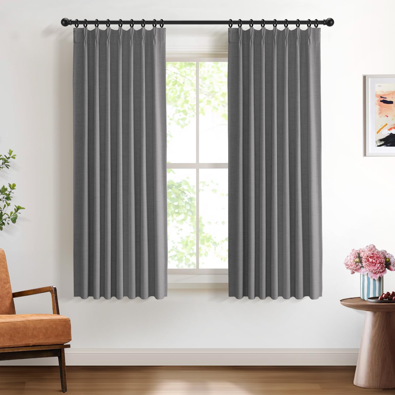 DEFYNEE Pinch Pleated Curtain, Blackout Curtains for Bedroom Linen-Look Thermal Insulated, with Back Tab & Hooks