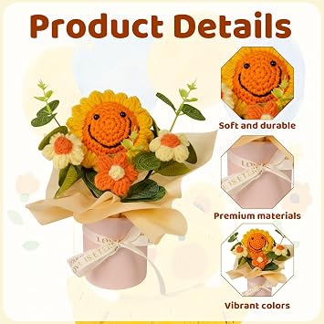 Crochet Flowers, Crochet Flower Bouquet, Knitted Flowers, Handmade Smiling Sunflower Decoration, Vibrant Home Accent Piece, Unique Crochet Floral Arrangement