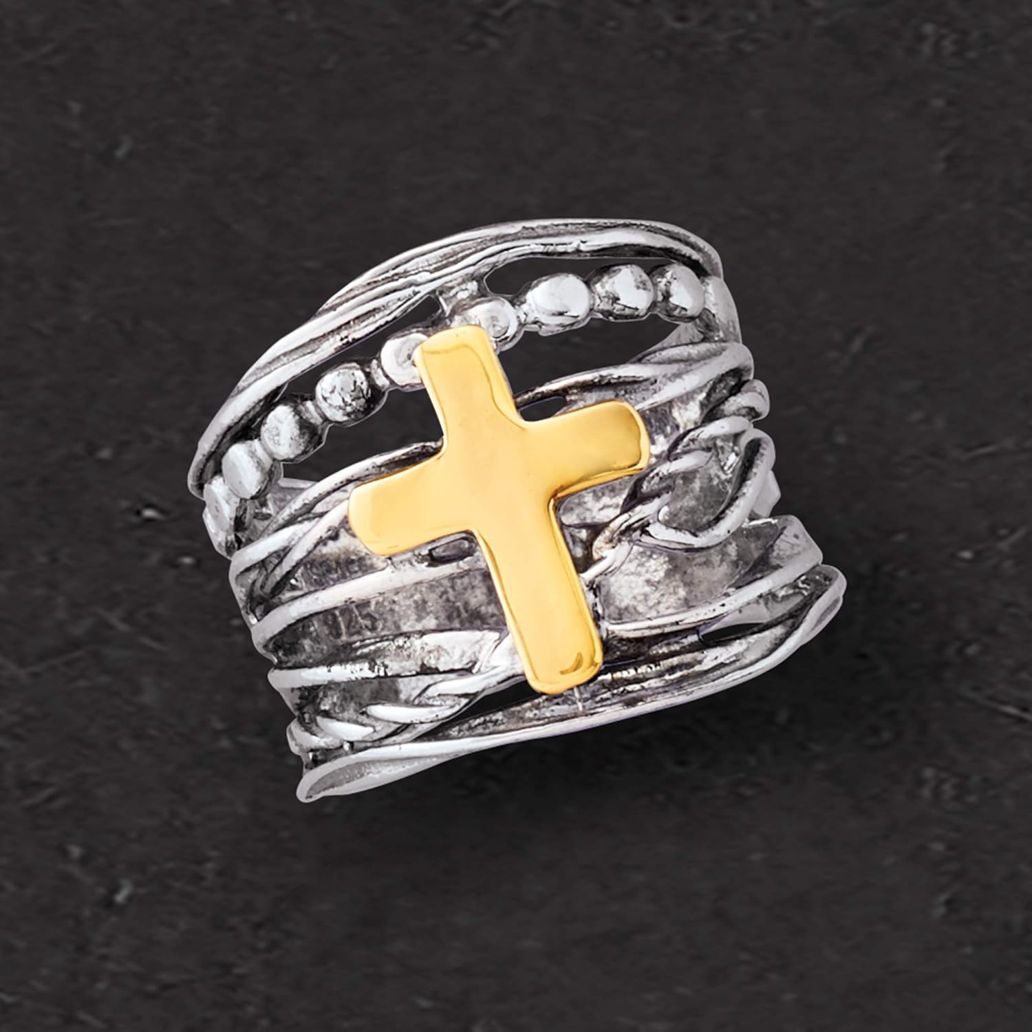 Ross-Simons Sterling Silver and 14kt Yellow Gold Multi-Row Cross Ring