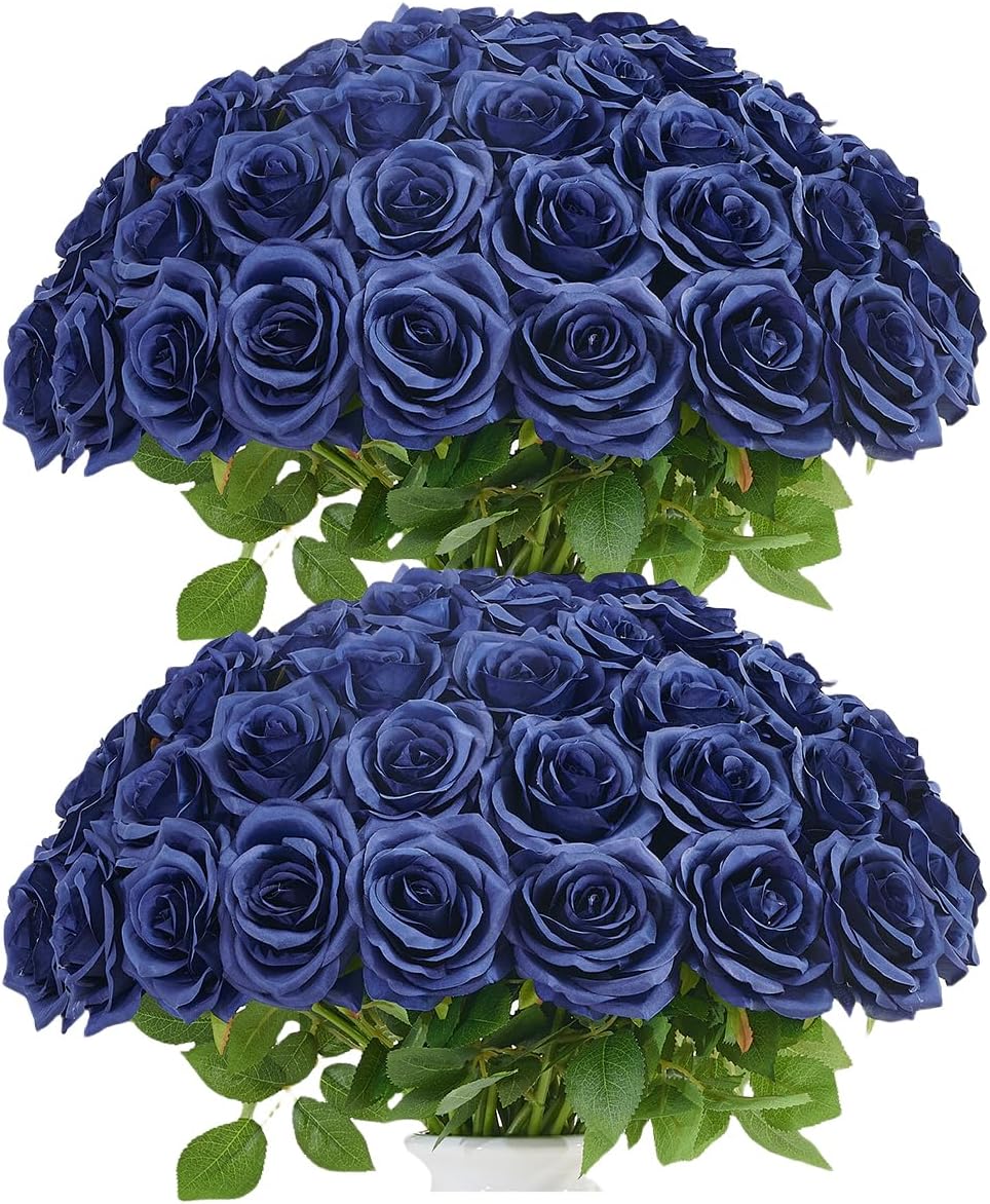 50pcs Navy Blue Roses Artificial Flowers Bulk,Fake Roses Silk Flower with Stems Realistic Flowers for Wedding Centerpiece Home Party Decor