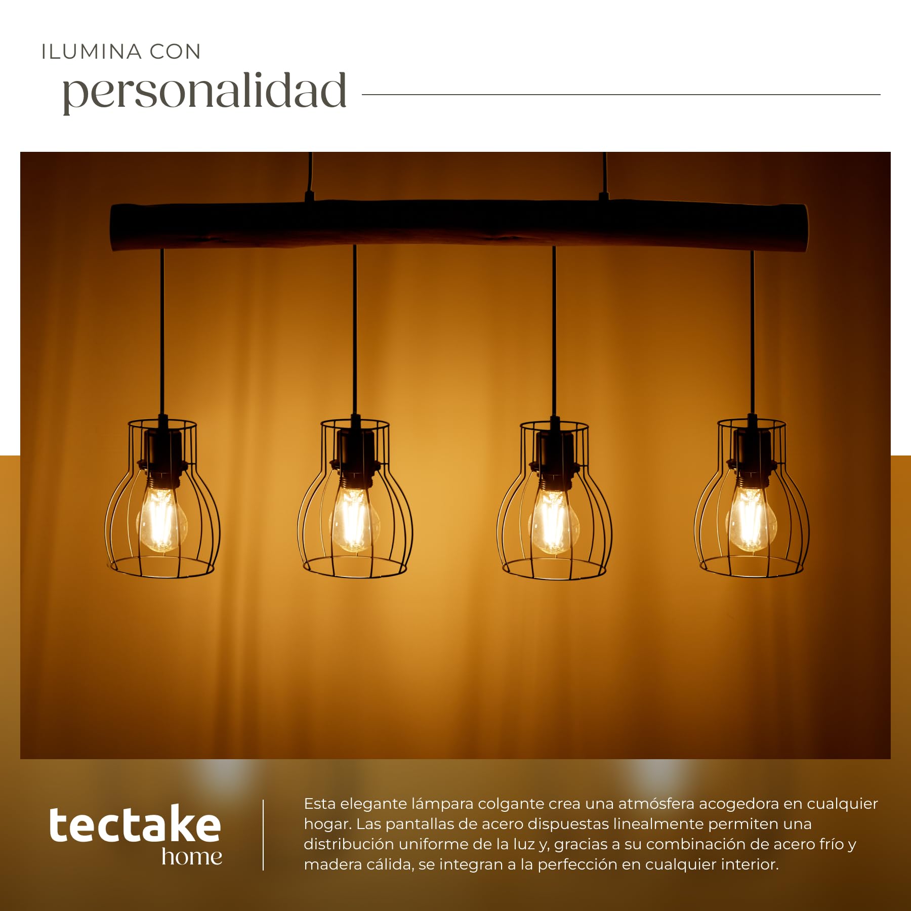 tectake® Lámpara colgante con 4 luces, estilo industrial moderno, con viga de madera rústica y rejilla de acero, suspensión ajustable, lámpara de techo ideal para salón, comedor, dormitorio o pasillo