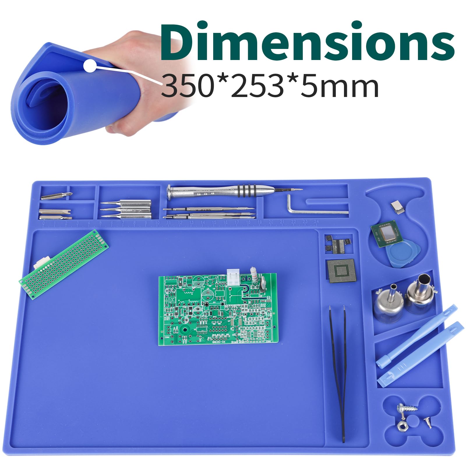 YIHUA M160 Heat-Resistant Soldering Mat Dimensions 350x253x5mm with Multiple Storage Slots, Built-in Ruler - Image 2