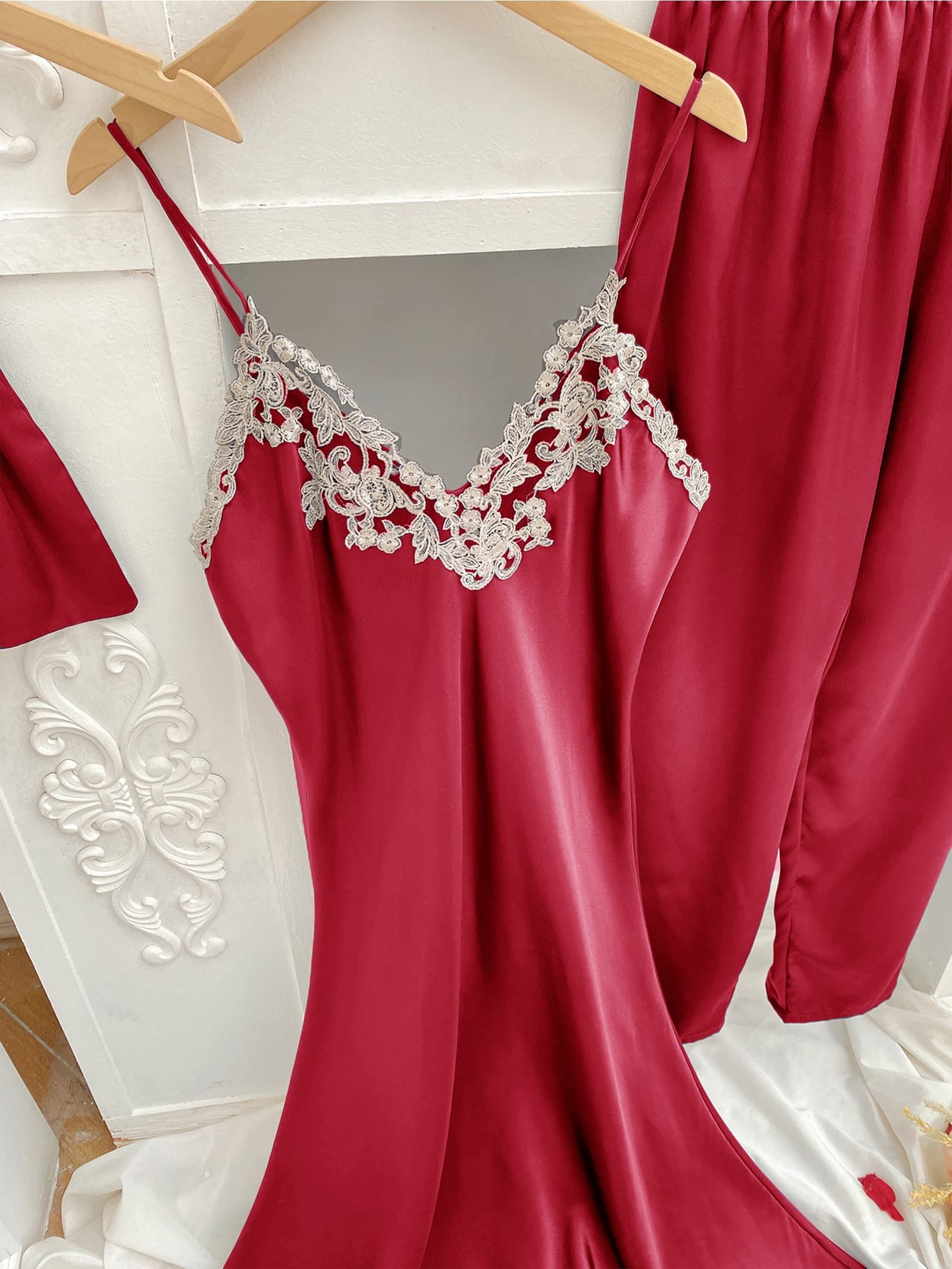 Satynowy szlafrok damski, 5-częściowy damski letni satynowy szlafrok piżamowy zestaw wielokolorowy w wielu rozmiarach(Red,XL)