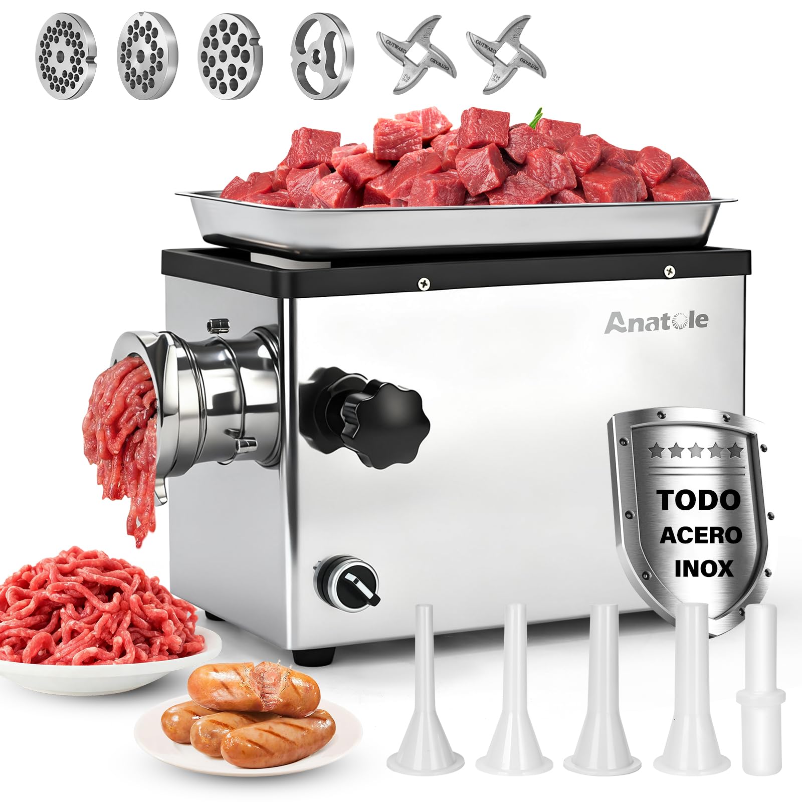 Anatole Picadora de Carne Eléctrica Comercial 1100W Acero Inox Integral | Triturador de Huesos, Apto para Lavavajillas, 4 Placas, 2 Cuchillas, 4 Embutidora de Salchichas, para Restaurante Casa, 220V