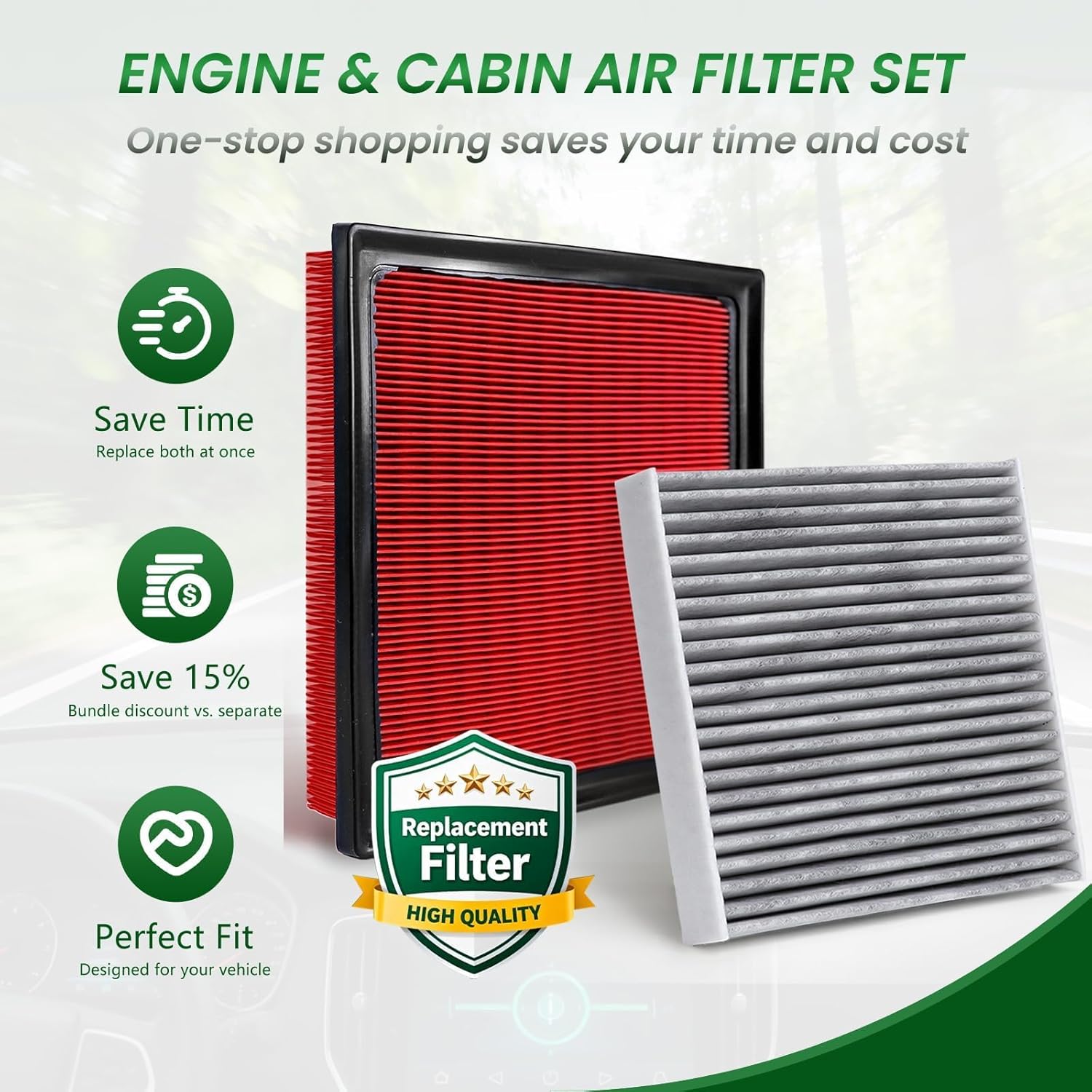 Cabin Engine Air Filter Kit Fits 2024-2026 Crosstrek, 2024-2026 Impreza, Replacement for 16546-AA16A