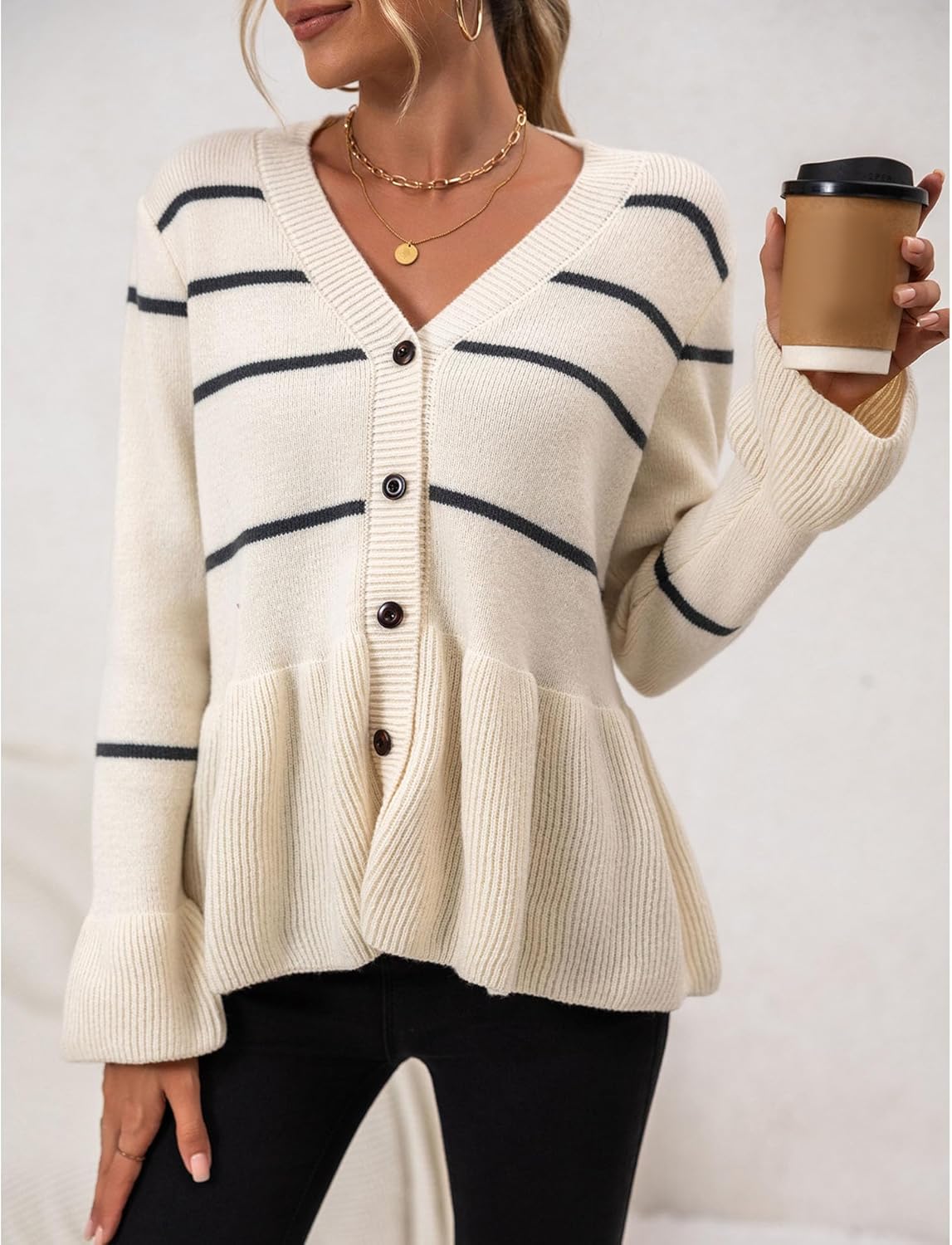 Sexyshine Women's Striped Button Down Peplum Cardigan Casual V Neck Flared Long Sleeve Knit Sweater Jumpers - Image 4