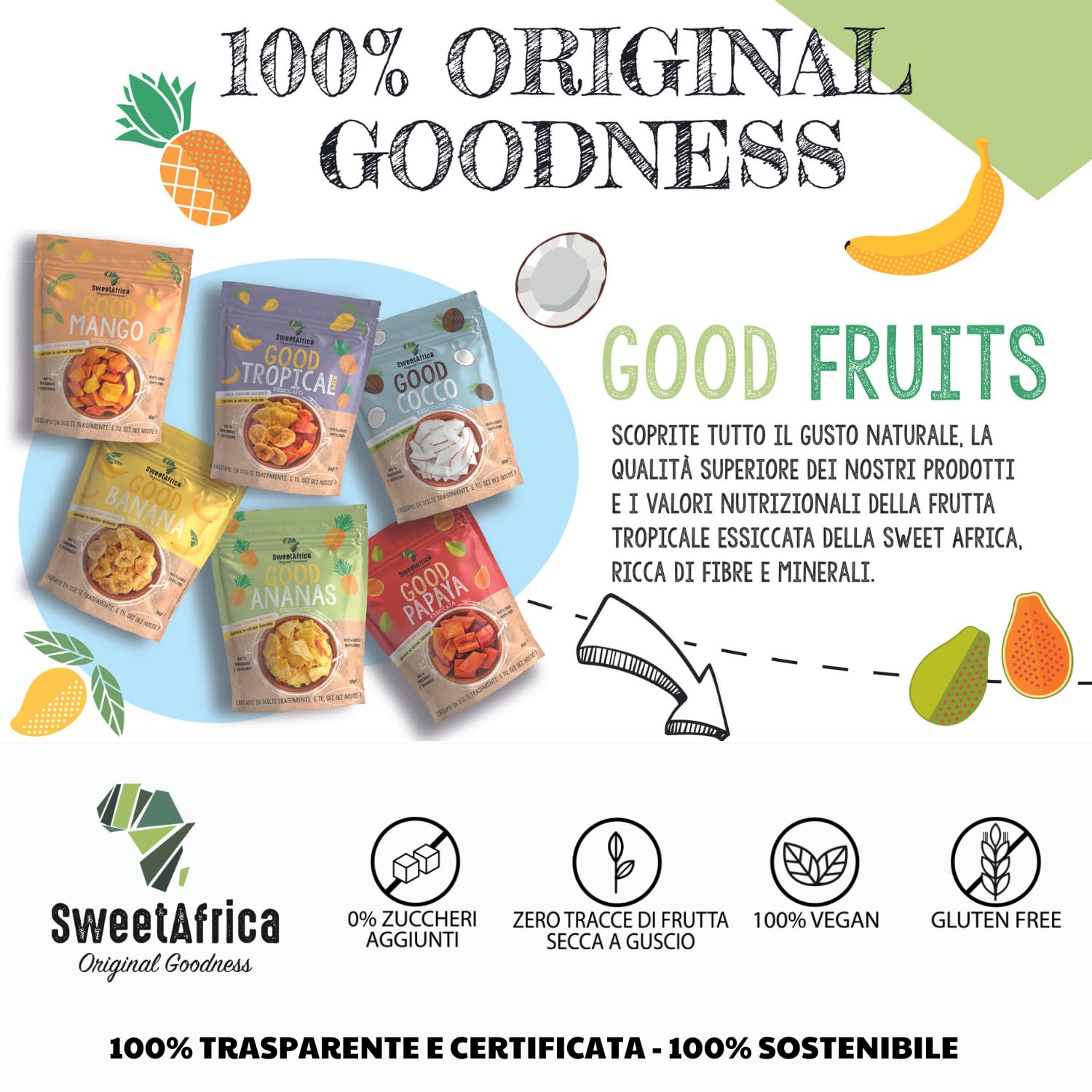 SweetAfrica - Good Ananas - Ananas essiccato a fette, senza zuccheri aggiunti, snack alla frutta essiccata - 200g x 6pz