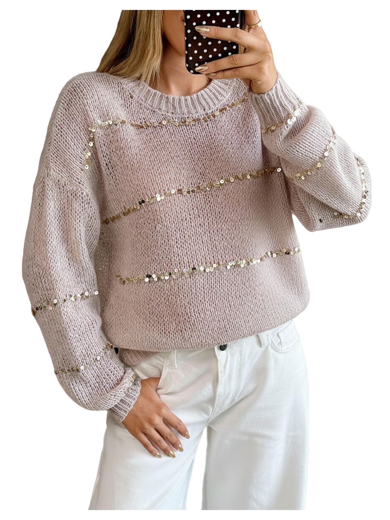 SHENHE Womens Glitter Sequin Sweater Long Sleeve Lightweight Loose Knit Fall Pullover Sweater
