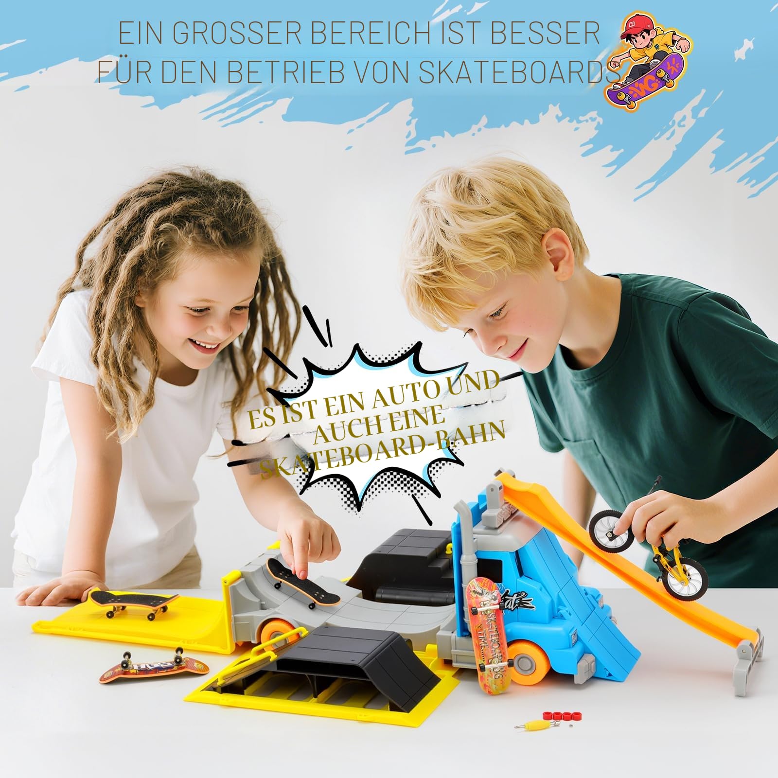 Fingerboard Rampe Set, verwandelbarer Truck zum Mini Skatepark, Skateboard Rampe mit 3 Finger Skateboards und 1 Finger Bike, tragbares Fingerboard Spielzeug für Kinder ab 3 Jahren