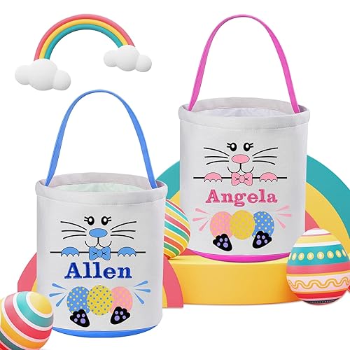 Touber Paquete de 2 cestas de Pascua personalizadas para niños, cesta de conejo de Pascua, cestas de caza de huevos de Pascua para niños, regalos de