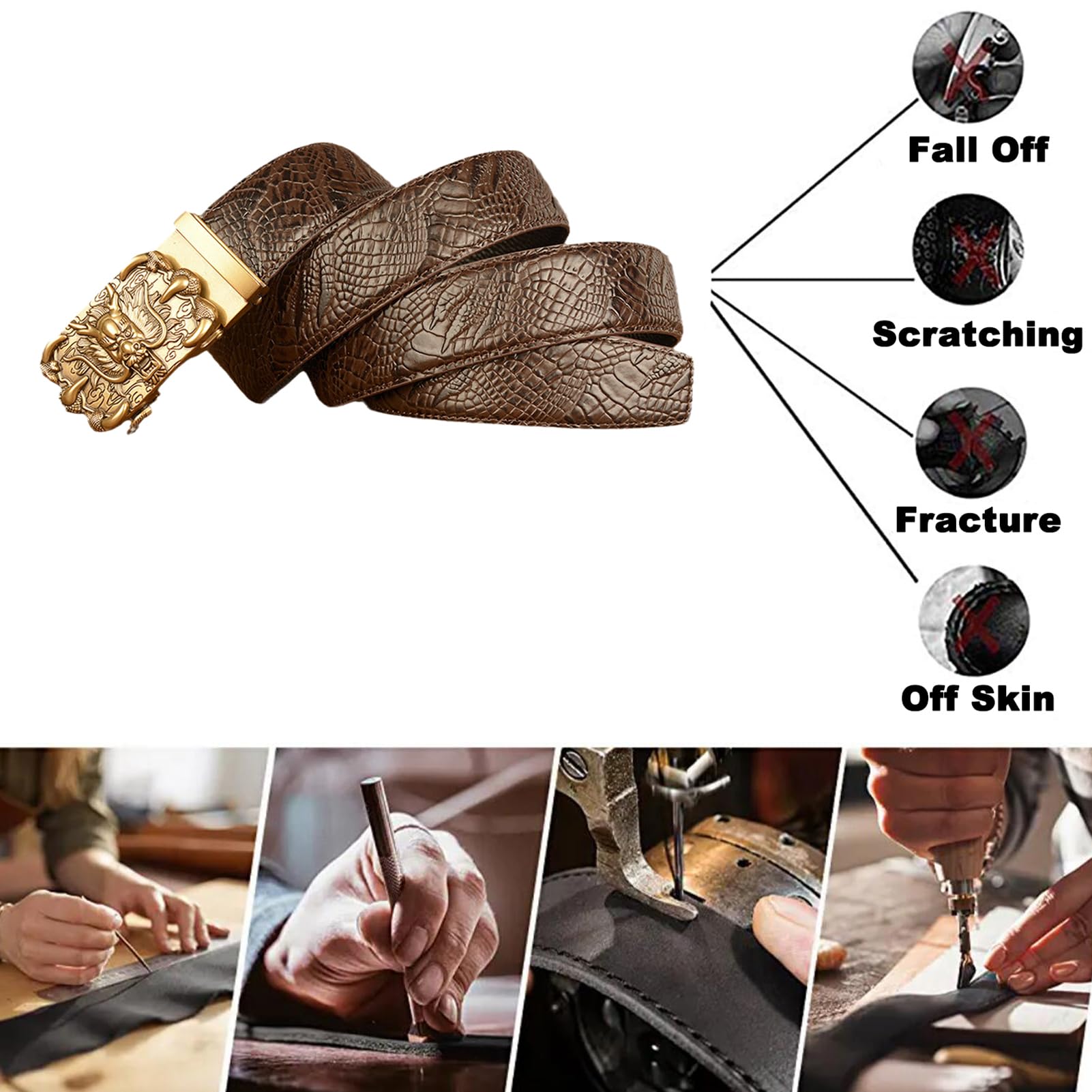 Cinturón De Trinquete Deslizante A La Moda, Hebilla Automática Dragón Con Patrón Cocodrilo, Neutro Negro Cintura 115cm/39