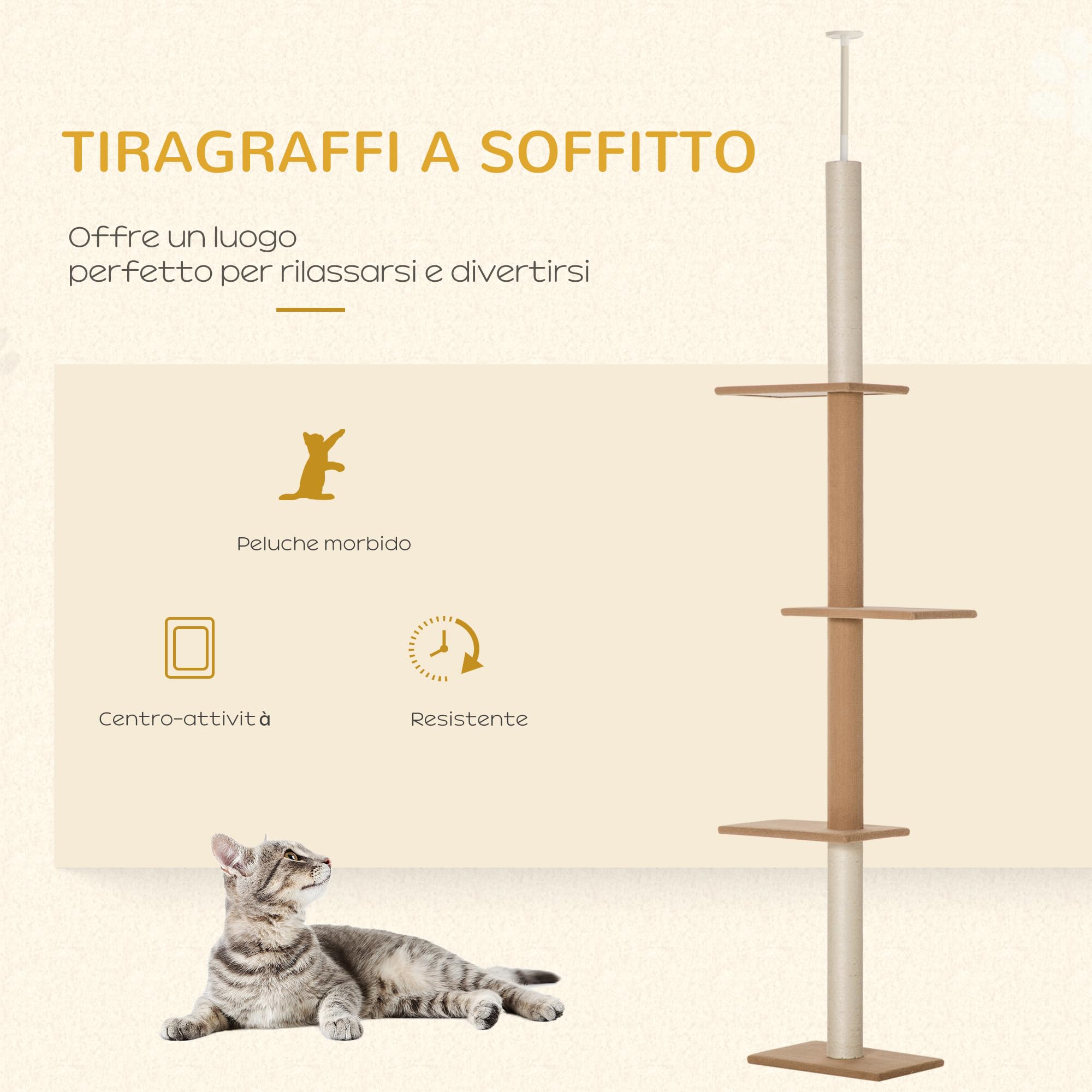 PawHut Albero Tiragraffi per Gatti a 4 Livelli, Tiragraffi a Soffitto con Altezza Regolabile, 43x27x228-260cm, Marrone Chiaro