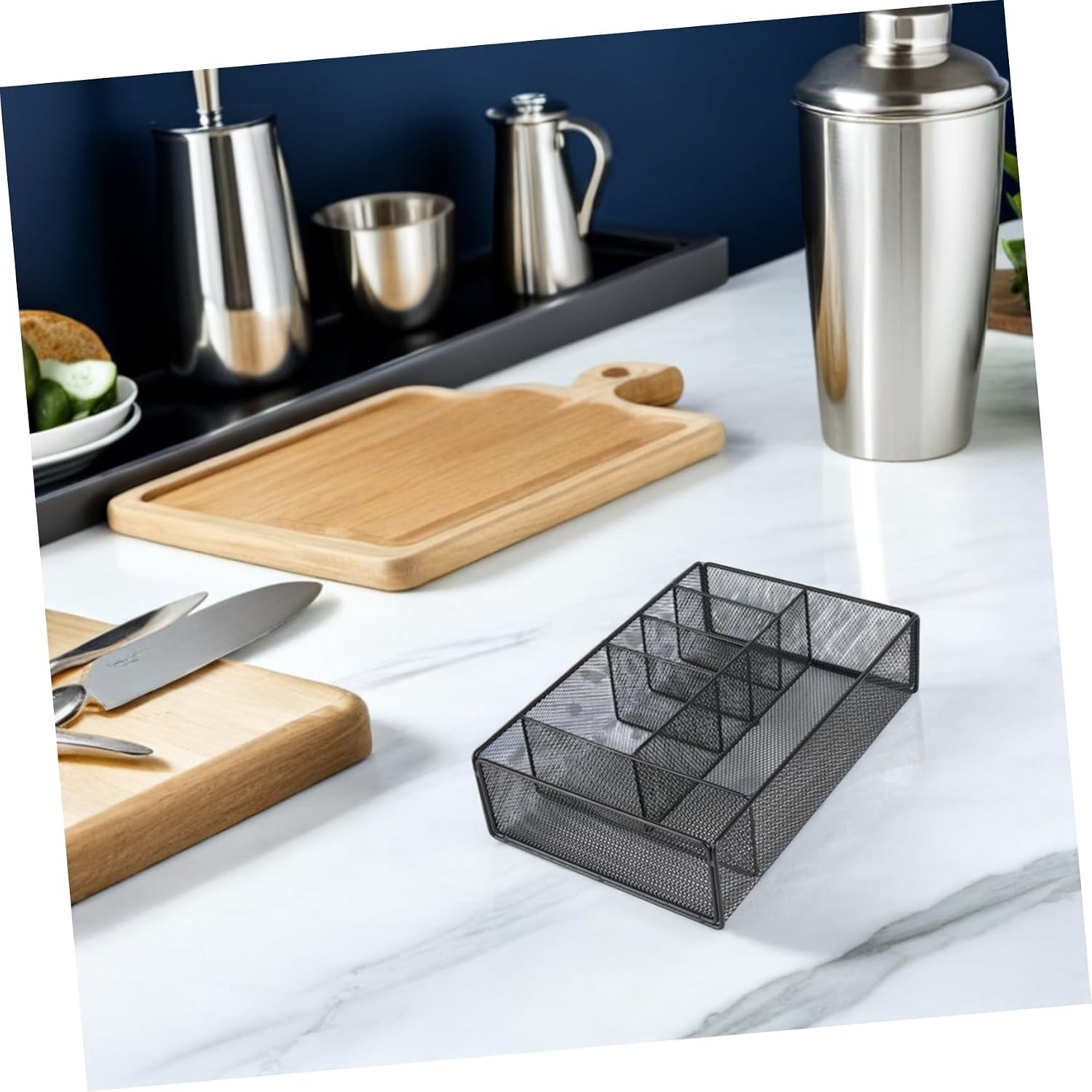 Zerodeko Metal Kitchen Cutlery and Seasoning Rack, Countertop Storage Shelf with 6 Compartments, Black Metal Kitchen Shelf Organizer for Utensils and Spice Bottles