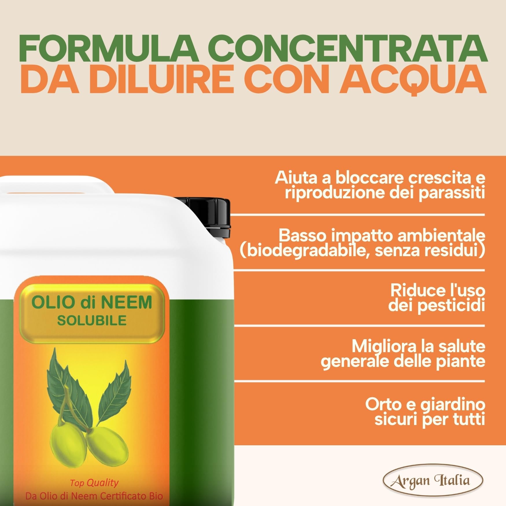 Solubile Olio di Neem, Argan Italia, idrosolubile, solubile in acqua 10 Litri (2x5Lt) - piante, ambienti, giardino, animali, insetti