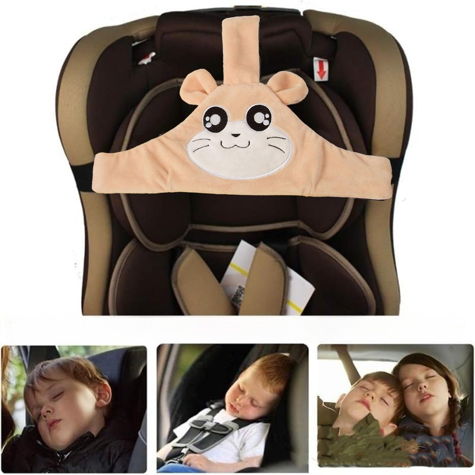 Baby Autositz Kopfunterstützung, Einstellbar Sicherheitssitz Befestigungsgurt, Protektor Kopfstütze Nackenstütze für Kinder Baby, Auto Sicherer Schlafpositionierer (Braun)