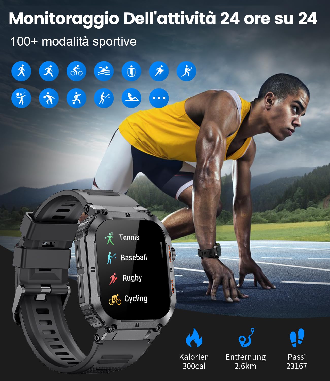 Smartwatch Uomo Militare con 1,96 Pollici Schermo Grande, Funzione di Chiamata, Impermeabile 5ATM, 100+ Sport Modes 400mAh Lunga Durata Batteria Frequenza Cardiaca Android iOS Orologio Sportivo Uomo
