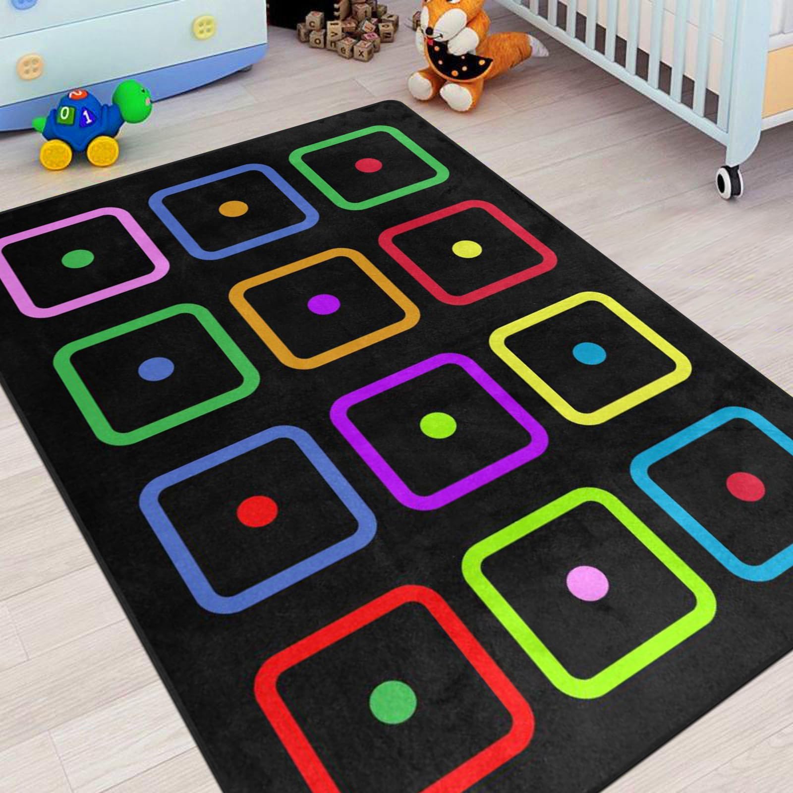 Classroom Carpets Playmat Rugs - 5x7 Ft Kids Rug with Rubber Backing, Color Squares&Dots Classroom Seating Rug Play Mat Nursery Rugs for Preschool Elementary Playroom -12 Seating