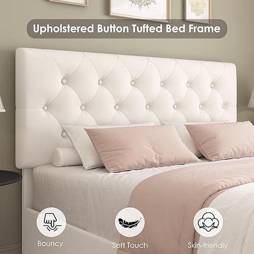 Miniatura 5 de Keyluv Marco de cama tapizado moderno con 4 cajones, diseño de cabecera capitoné con botones, soporte de listones de madera maciza, fácil montaje,