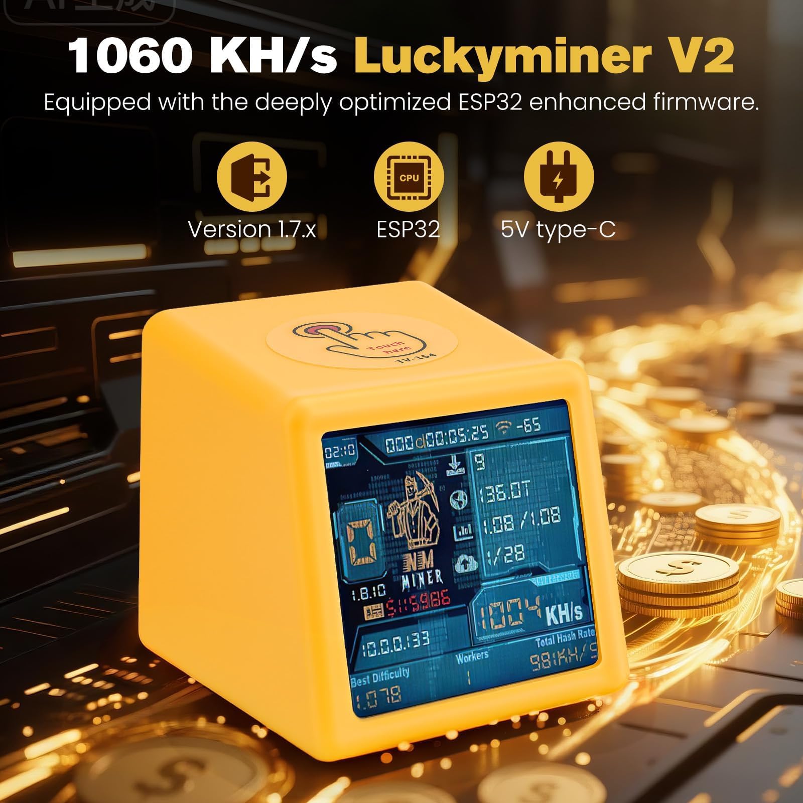 Luckyminer V2 Bitcoin Miner - 1060 KH/s Solo Lottery Miner Mit ESP32-WROOM-32, 1,54-Zoll-Display & Hash-Rate-Rechner - Plug & Play USB Miner Für Zuhause, Büro & Als Tischuhr (Kompatibel Mit V2)