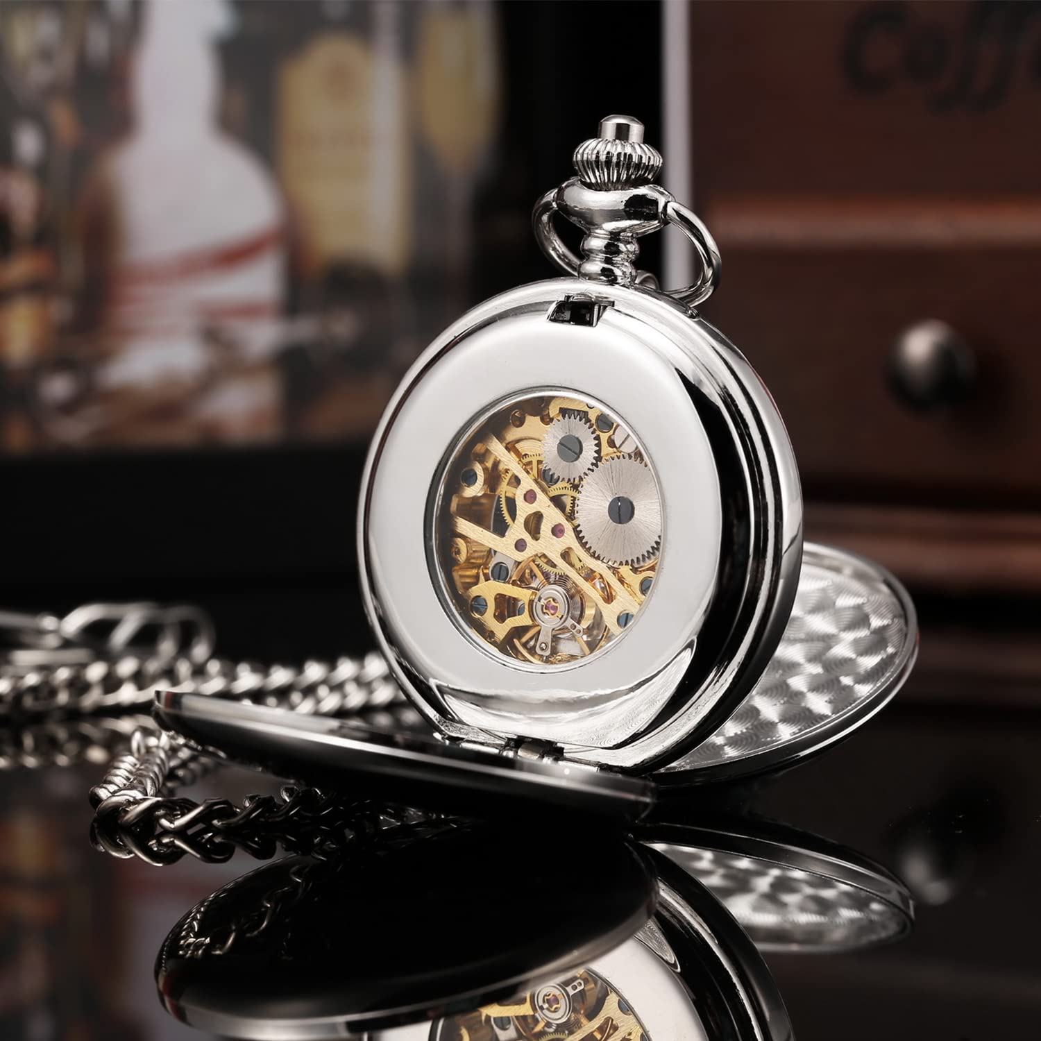 ManChDa Taschenuhr – Taschenuhr-Kette, doppelte Abdeckung, mechanische Taschenuhren für Herren, Steampunk-Skelett, antike römische Ziffern, Taschenuhr zum Aufziehen + Geschenkbox