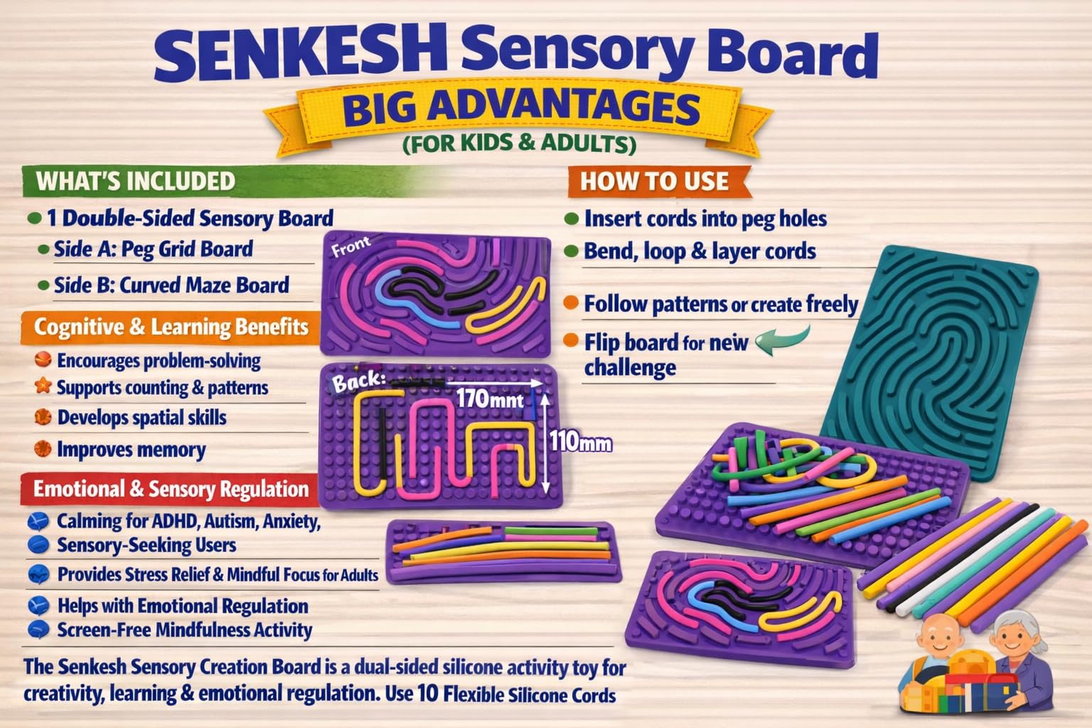 SENKESH® Silicone Sensory Activity Board , Quiet Fidget & Creativity Board with 10 Colorful Strings, All 100% Silicone, Fine Motor Skill Toy with Free Activity Master Booklet, Ages 3+ (Pink) 2