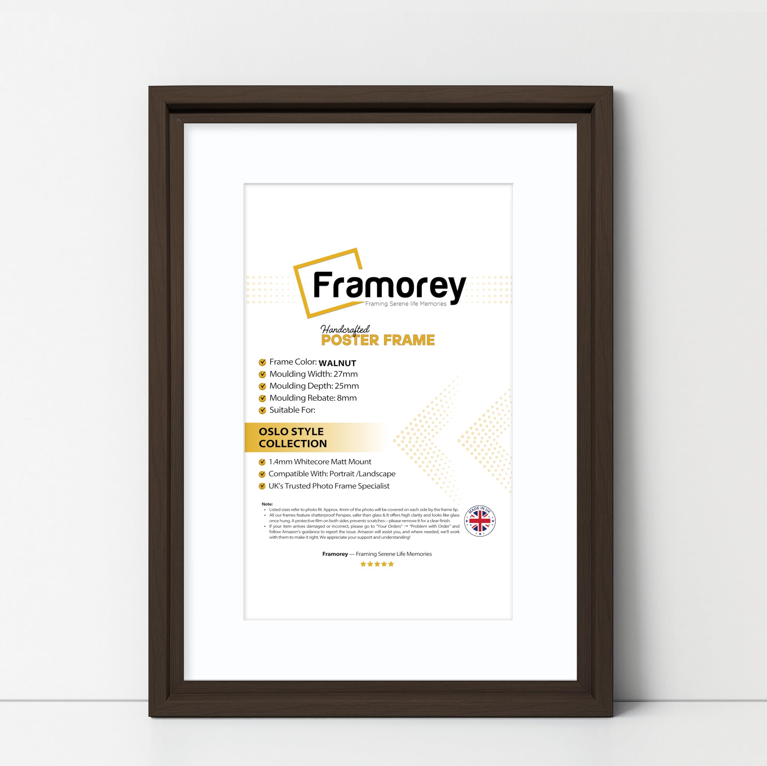 FRAMOREY Oslo Style Picture Frame, 26x20" Size Walnut Photo Frame With 22x16" Size White Mount, Photo College Frame, Home Decor Frames