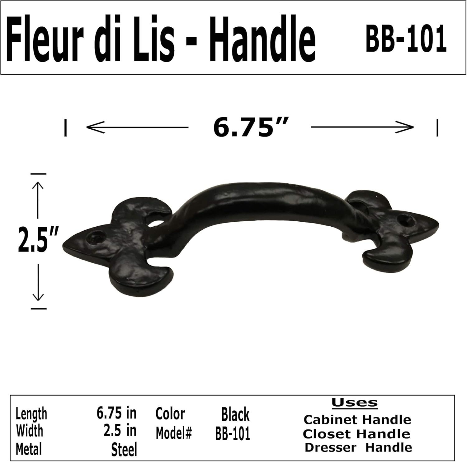 6.75" - Fleur di lis - BB-101 - Cabinet Knob Handle - for Gate, Drawer, Cabinet, Dresser - Black Finish for Interior & Exterior Designing - BB-101 (10)