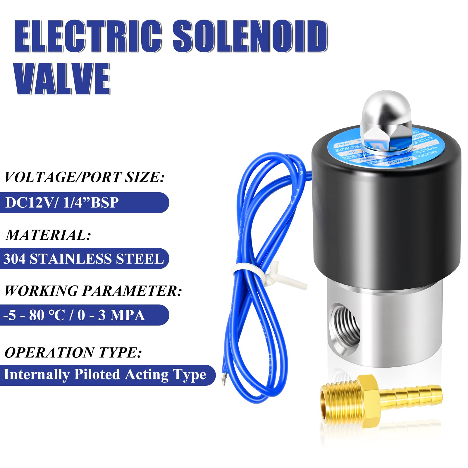1/4" BSP 12V Électrovanne électrique en acier inoxydable avec connecteur cannelé, adaptée pour l'eau, l'air, le carburant, le gaz fermé