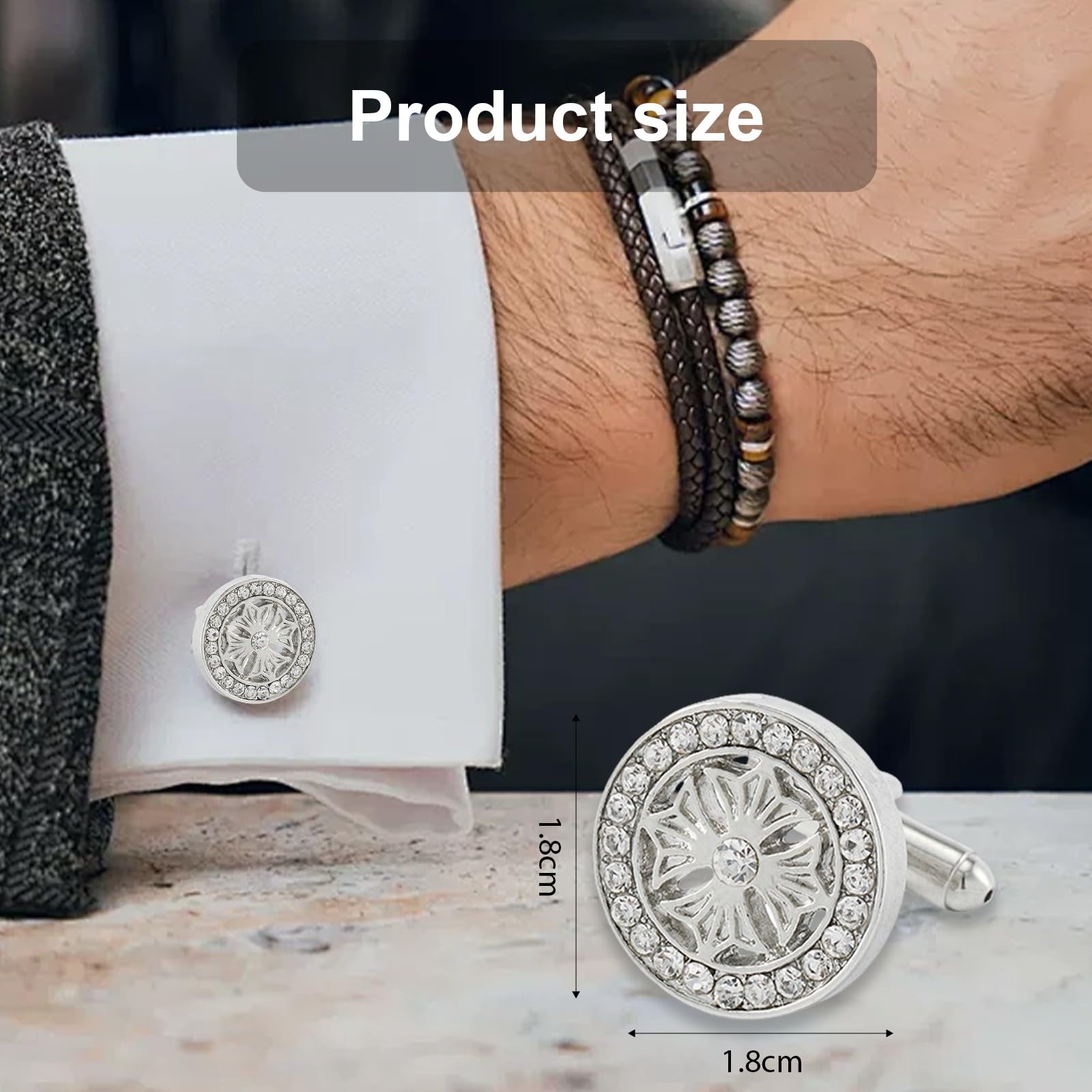JYXNU 1 Paio Gemelli Camicia Uomo Classici Rondi con Zirconia Gemelli Uomo Eleganti per Matrimoni Feste Occasioni Formali Business Accessori Bijoux Regalo per Uomo Argento