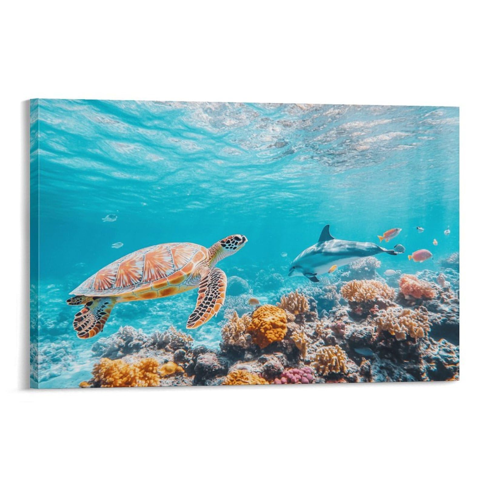 CPLVKWRQJ Sea Turtle Swimming Single Piece Sea Turtle Swims near Dolphin And Coral Canvas Art - Bedroom Birthday Gift Easy to Clean Canvas Painting Wall Decor 16x24inch(40x60cm)