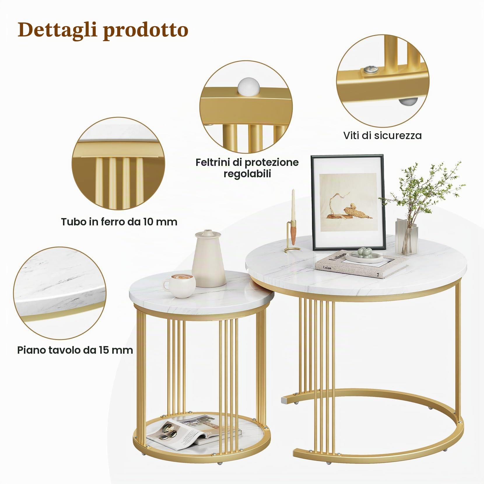 Dripex Set di 2 tavolini rotondi, con vano portaoggetti, telaio in metallo e piano in marmo, tavolino a forma di C per divano, camera da letto, ufficio, bianco