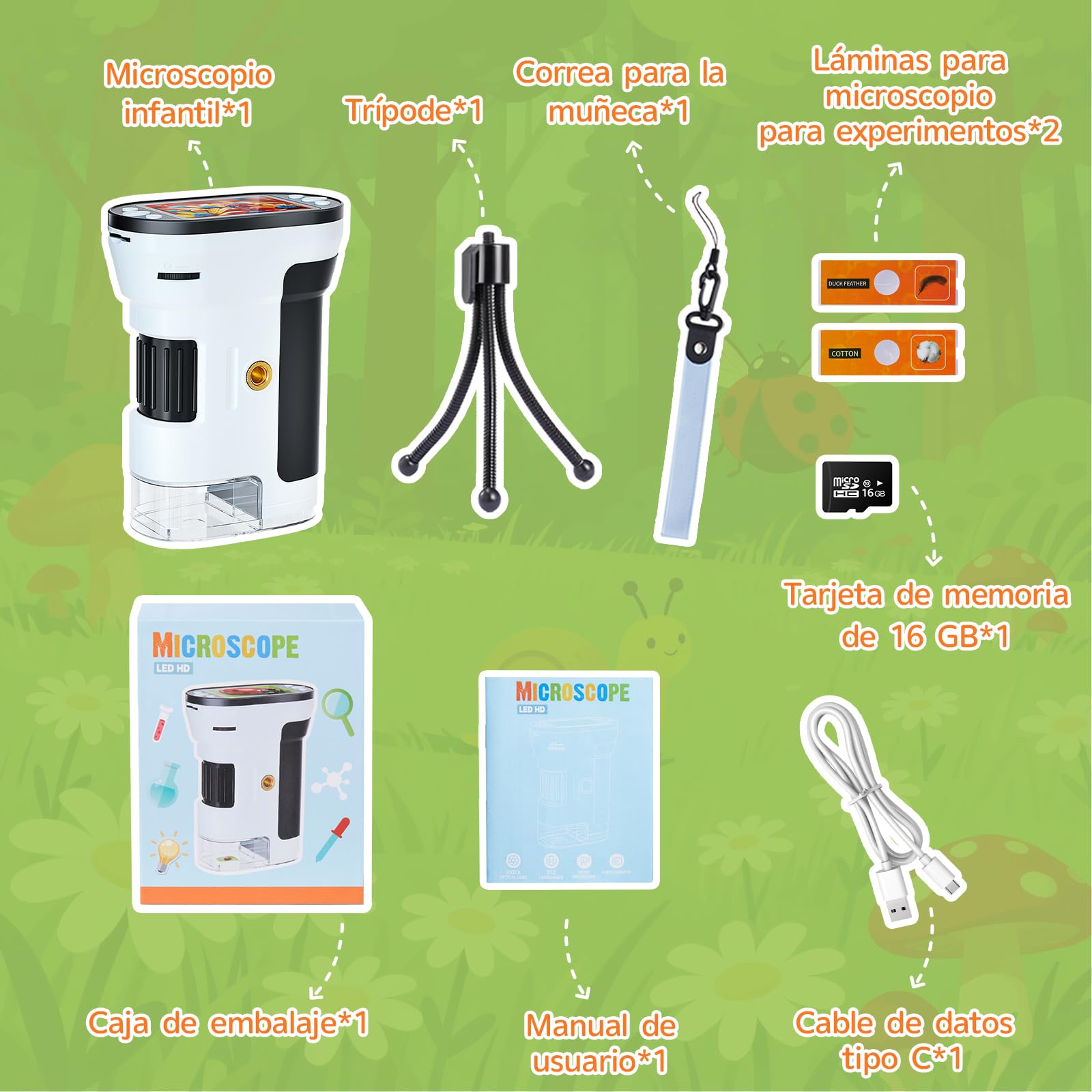 200x-1000x Microscopio para Niños, Pantalla IPS de 2 Pulgadas, con Trípode Mini y Tarjeta Micro SD 16GB, Juguetes Regalo Niños 4-12 Años