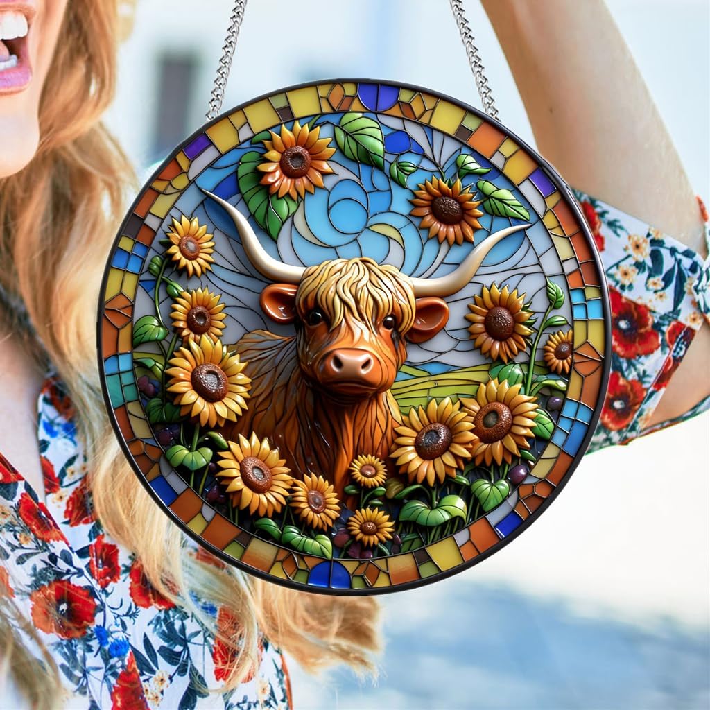 HOTIYOK Cow Sunflower Stained Glass Window Hanging Wall Art with Butterflies Glass Suncatcher for Indoor Kitchen Decorations, Gifts for Women Grandma Teacher Animal Lovers