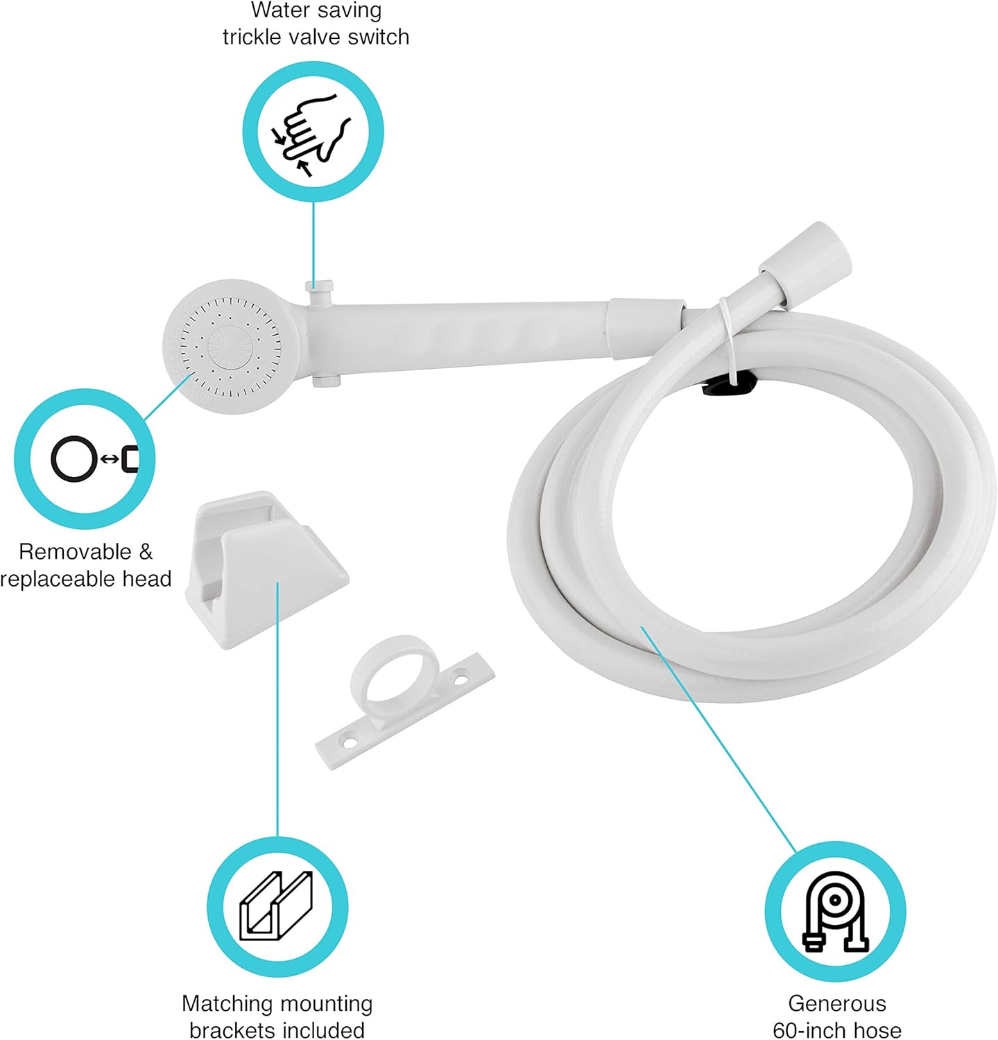 Dura Faucet DF-SA130-WT RV Economical Shower Head and 60 inch Hose Kit, Water Saving Trickle Switch (White)