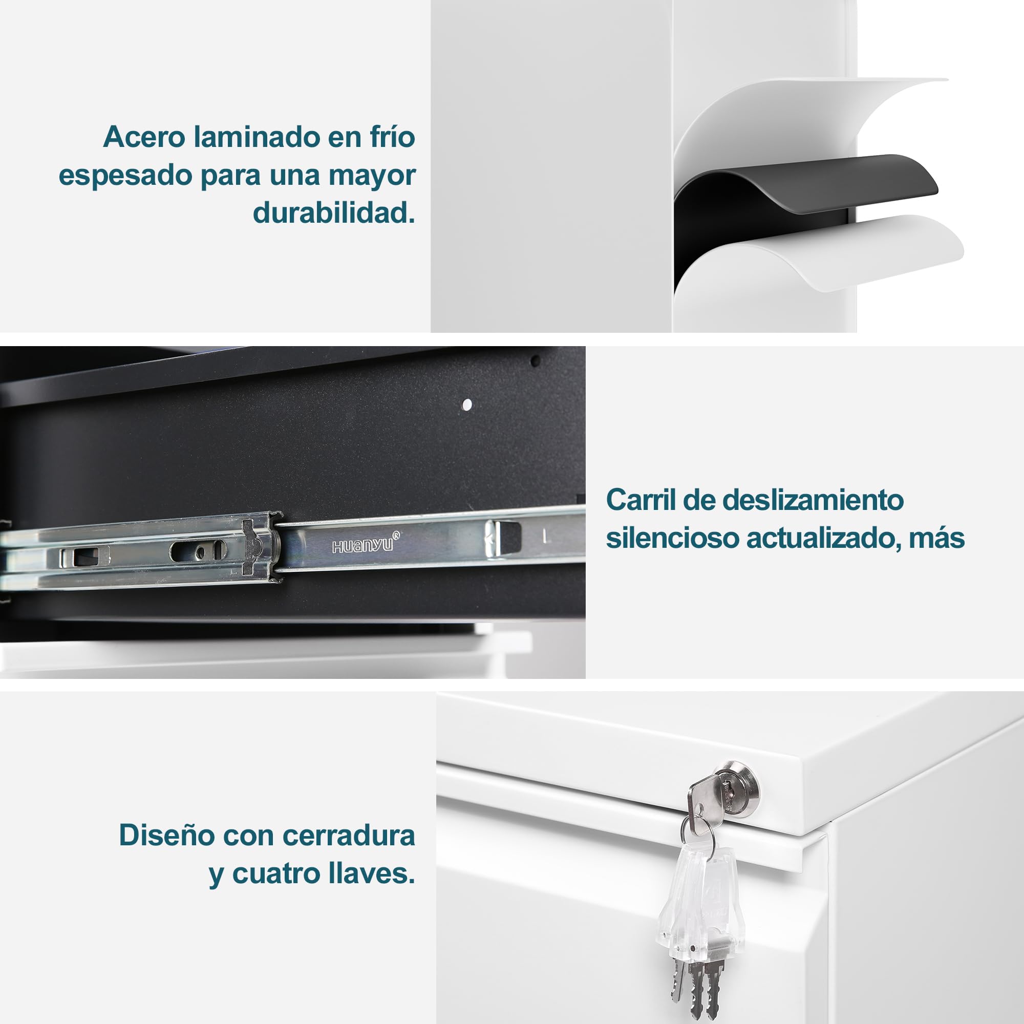Archivador Móvil con Cerradura, Cajonera, 4 Cajones, Ruedas Silenciosas, Con 4 llaves, Archivador Dbajo del Escritorio Para Oficina, Completamente Ensamblado